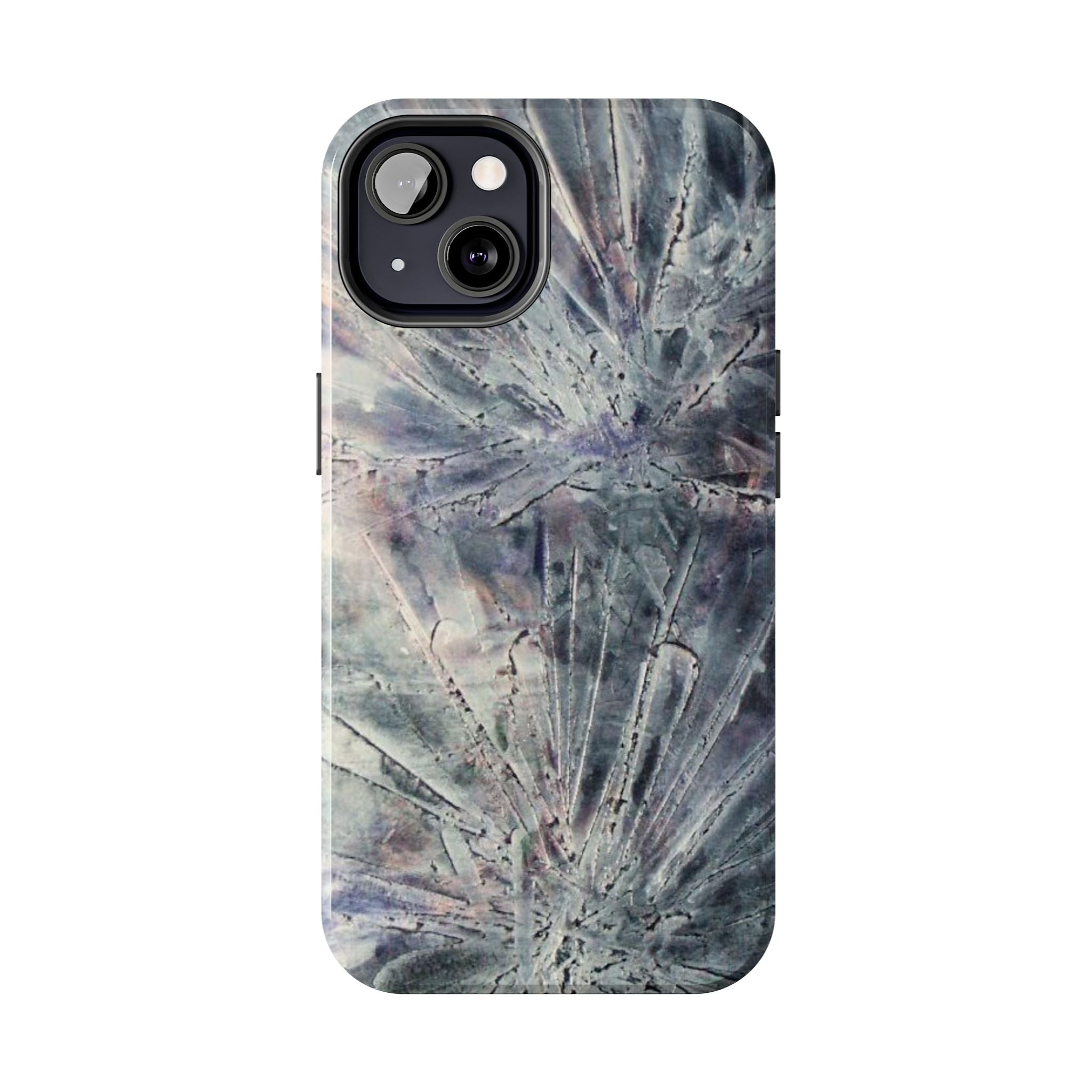 Phone case in abstract bursts of silver crystal design with rubber lining for strong impact and UV protection