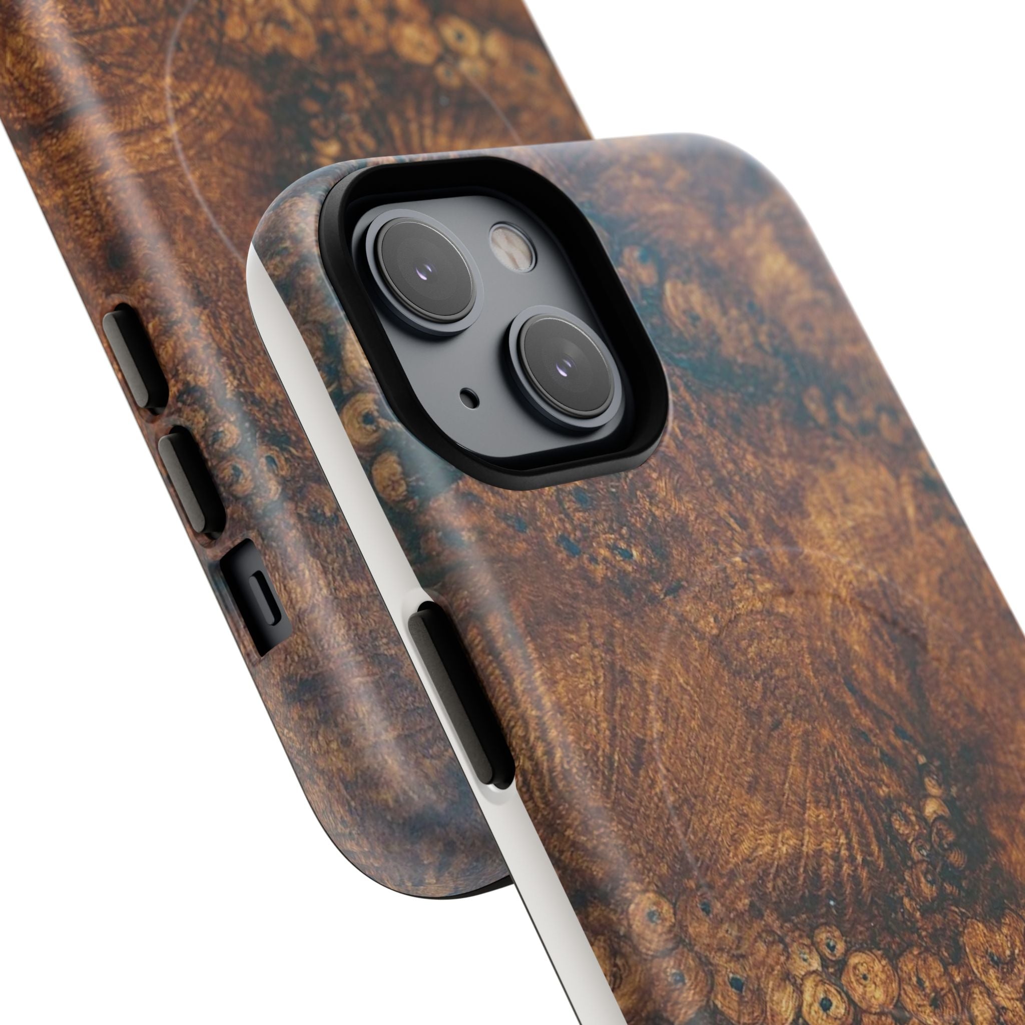 Magnetic iphone case with a natural Burl Wood Design compatible with MagSafe accessories in tough Dual Layer Shell