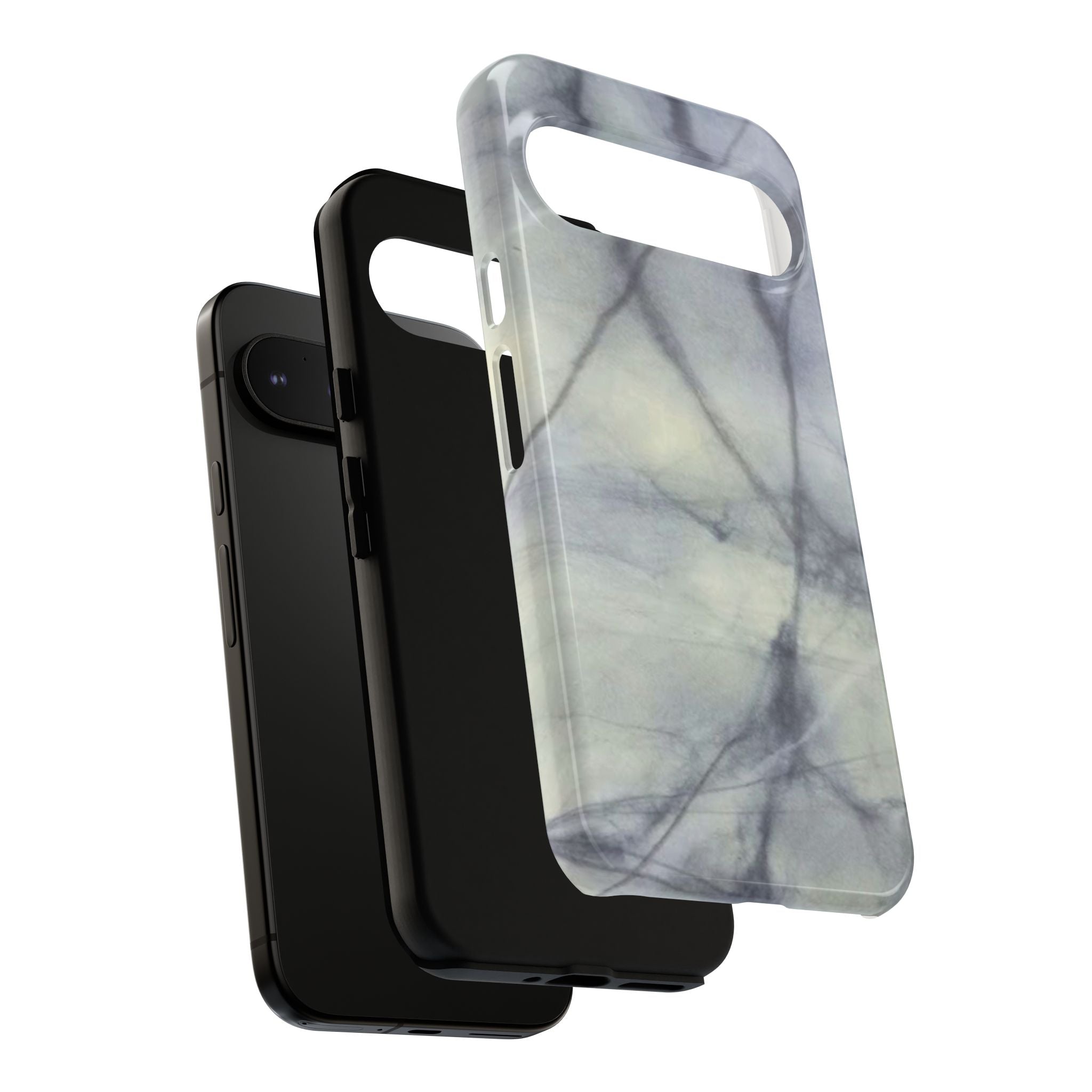 Phone case in impressive grey marble design with shock absorbing dual layer shell and UV resistance in 3D wrap