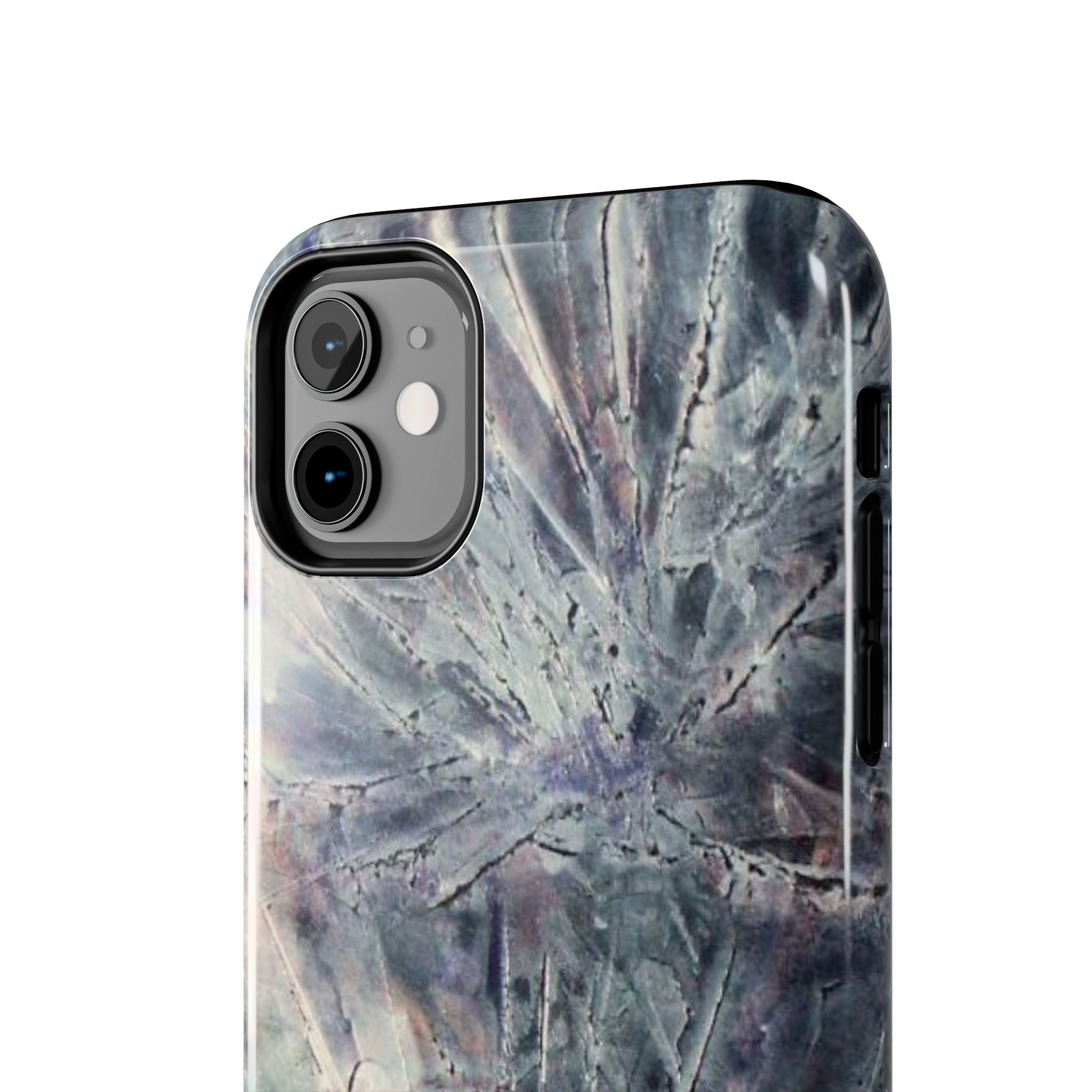 Phone case in abstract bursts of silver crystal design with rubber lining for strong impact and UV protection