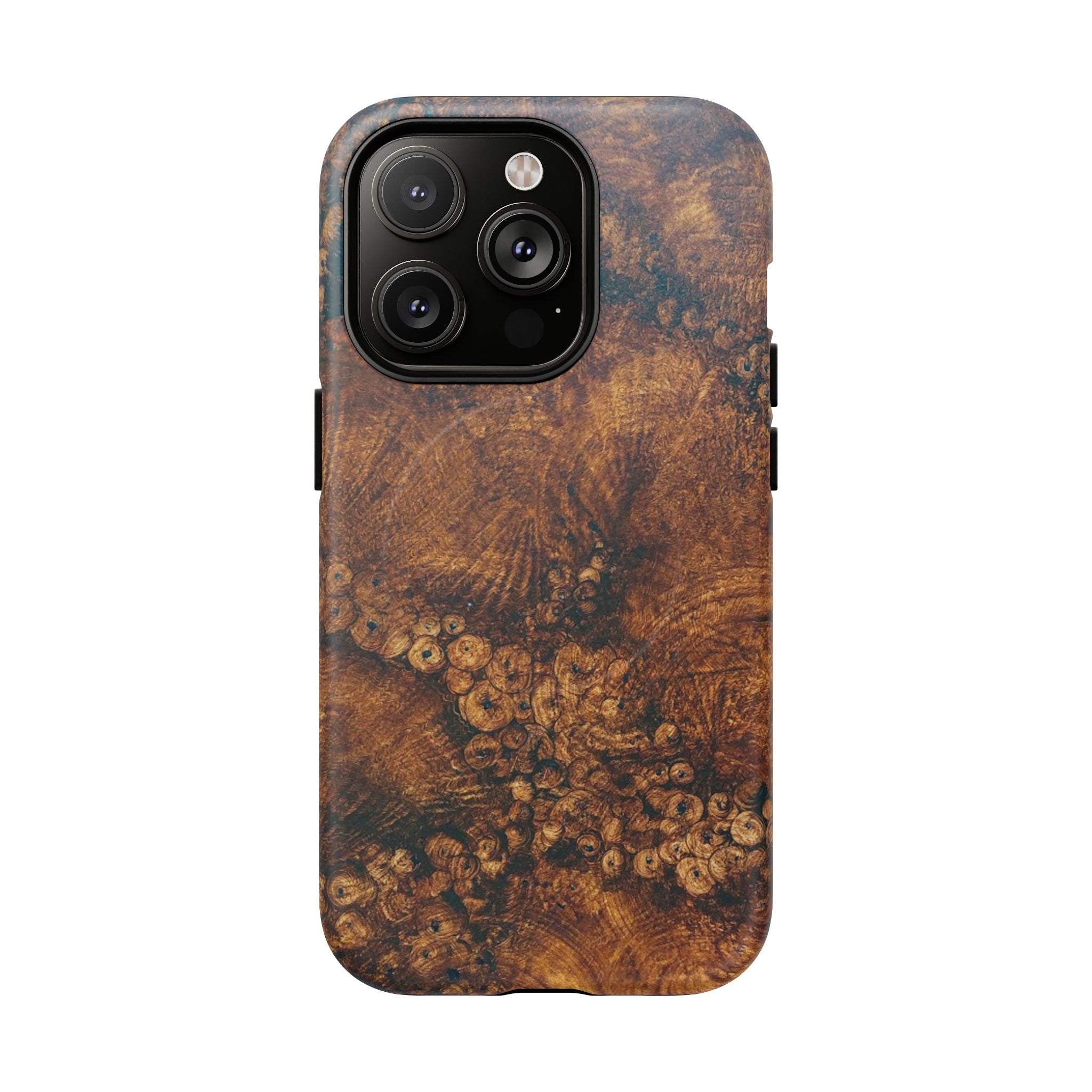 Magnetic iphone case with a natural Burl Wood Design compatible with MagSafe accessories in tough Dual Layer Shell