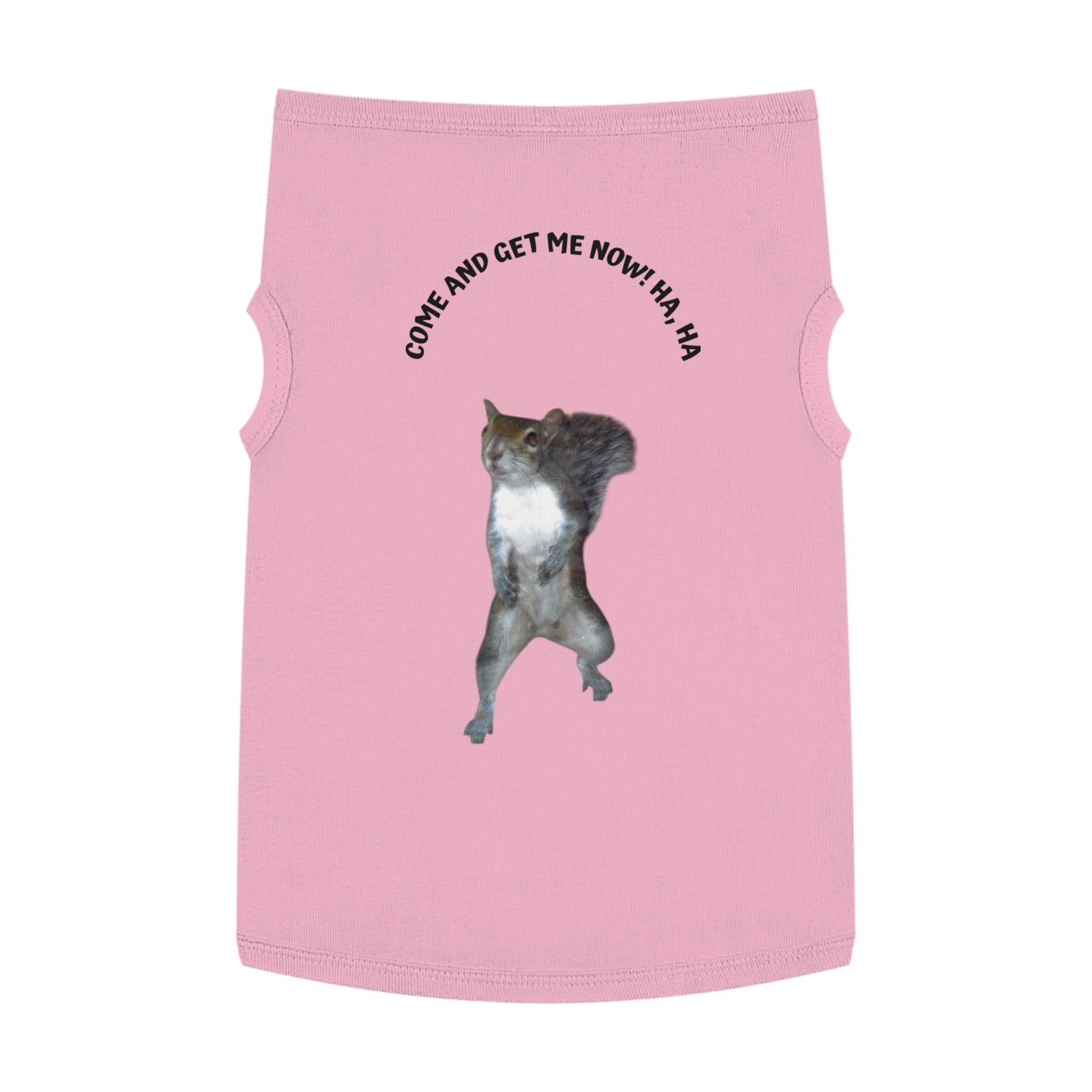 Pink sleeveless shirt with a squirrel graphic and text on a white background
