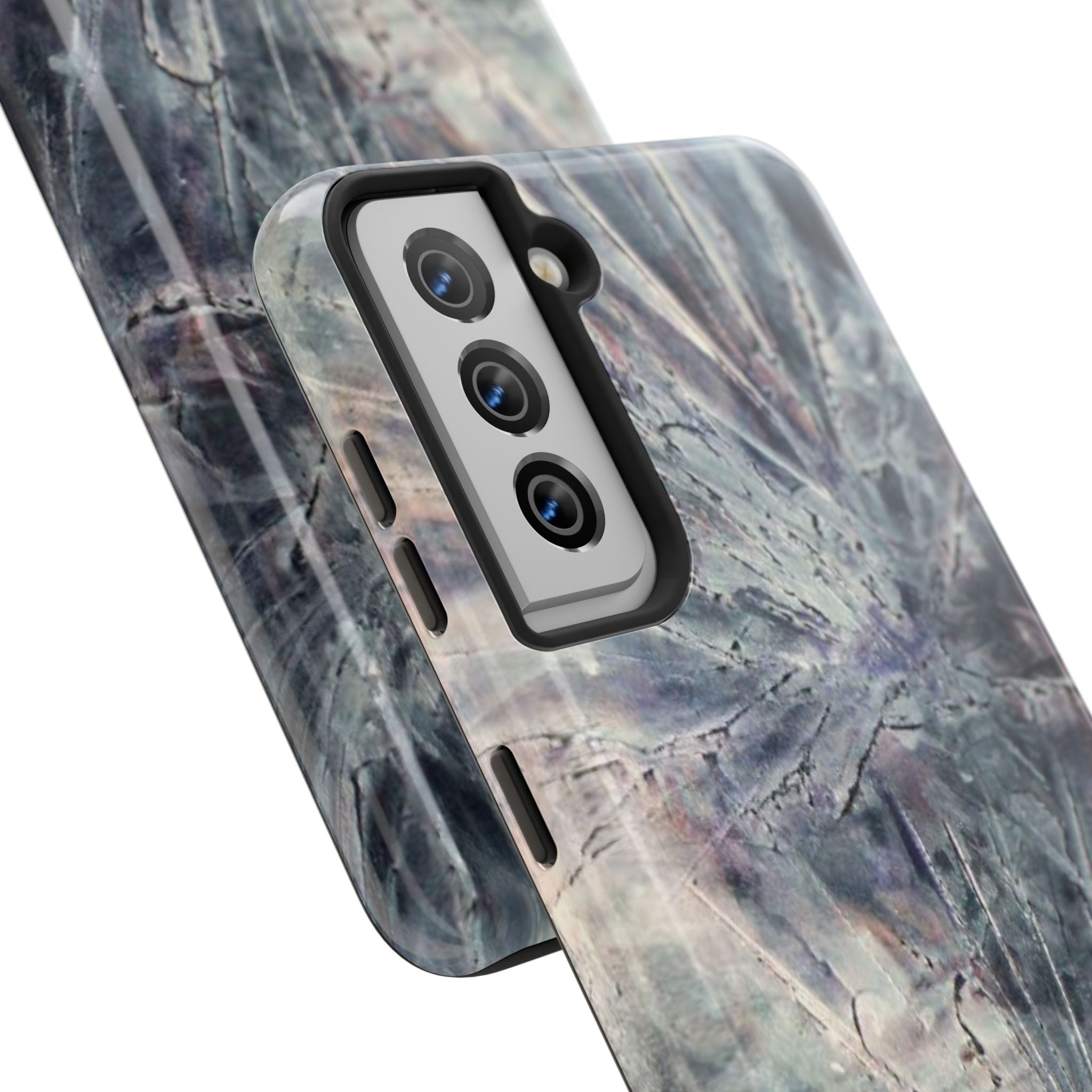 Phone case in abstract bursts of silver crystal design with rubber lining for strong impact and UV protection