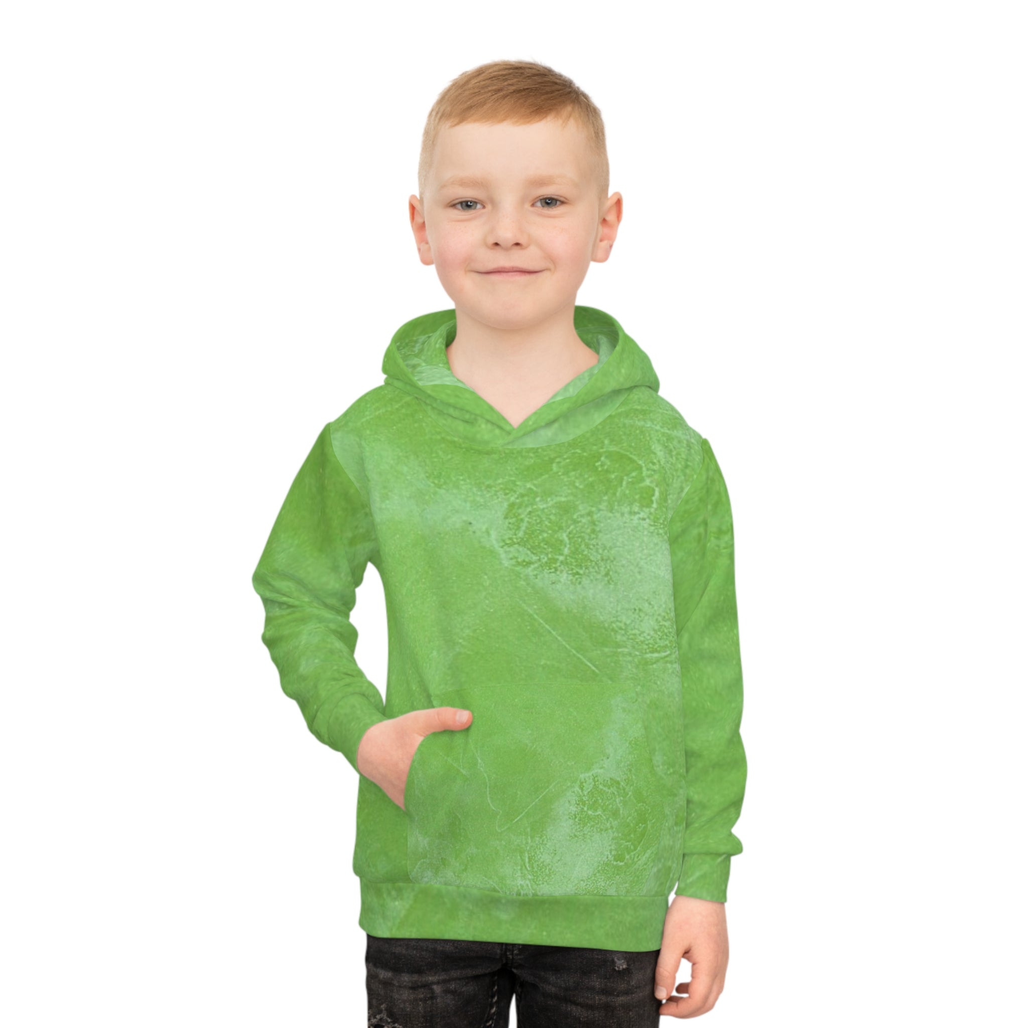 Kids Abstract Green Hoodie — Soft All-Over Print Pullover for Boys & Girls