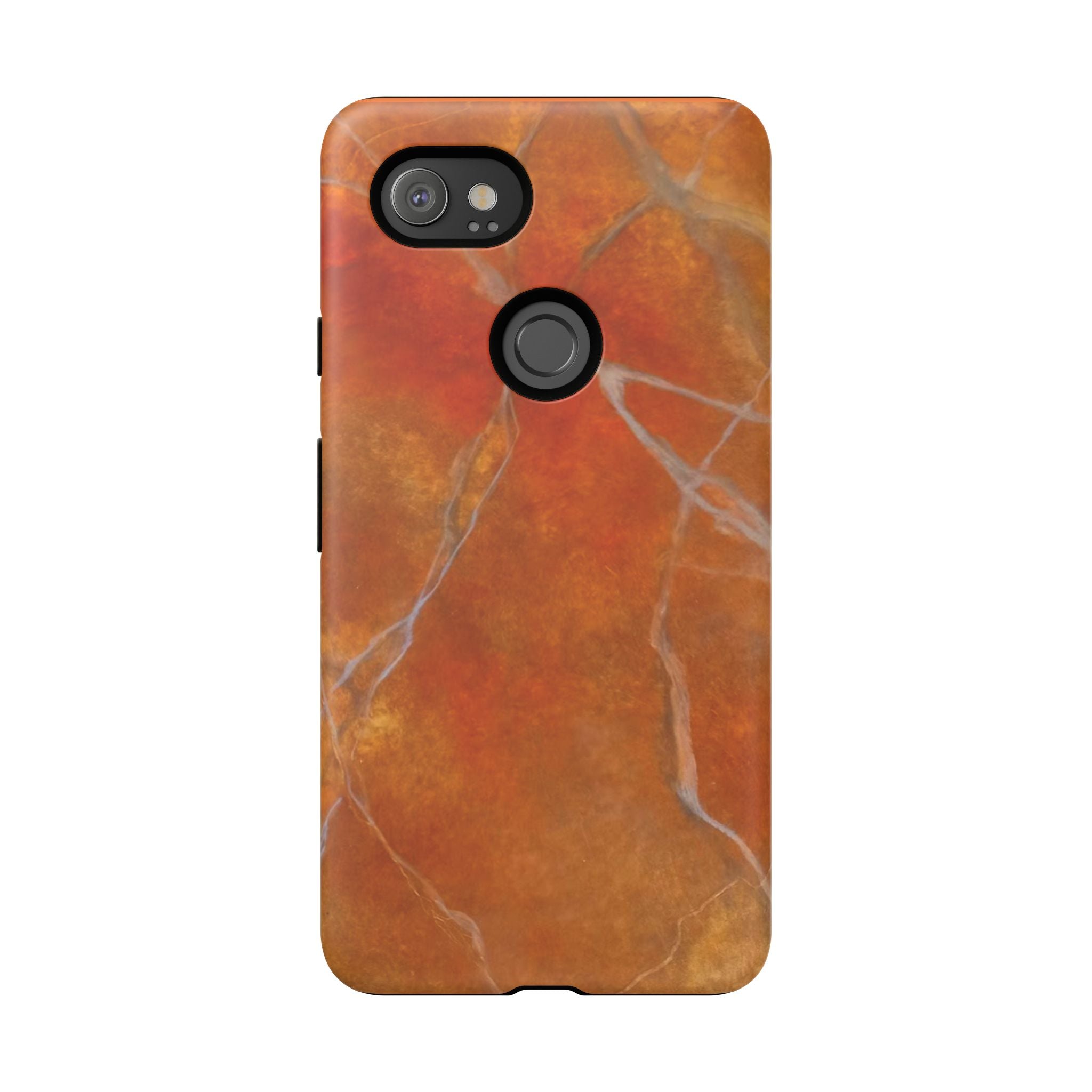 Phone case in sophisticated red orange marble design that is impact resistant tough in glossy or matte finish