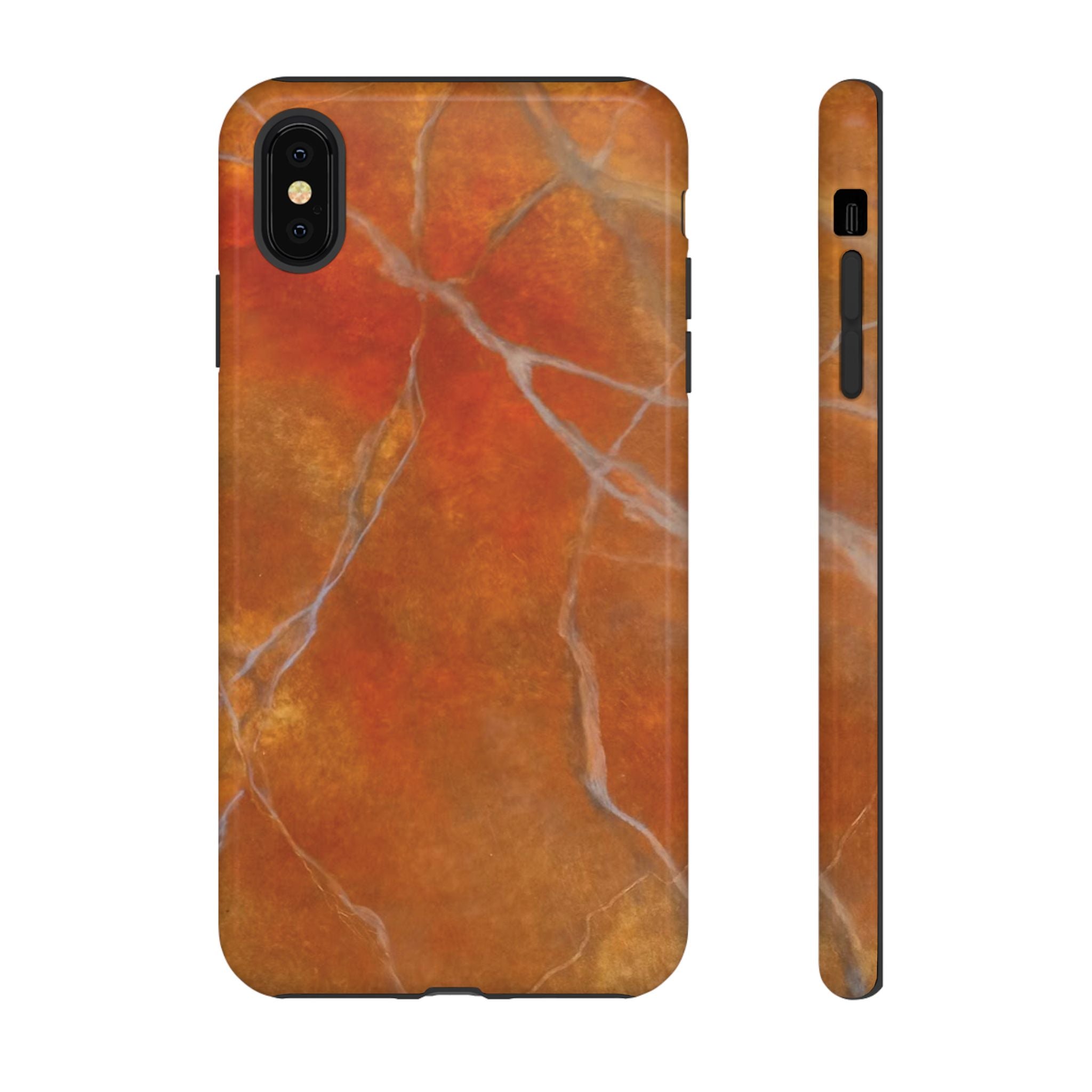 Phone case in sophisticated red orange marble design that is impact resistant tough in glossy or matte finish