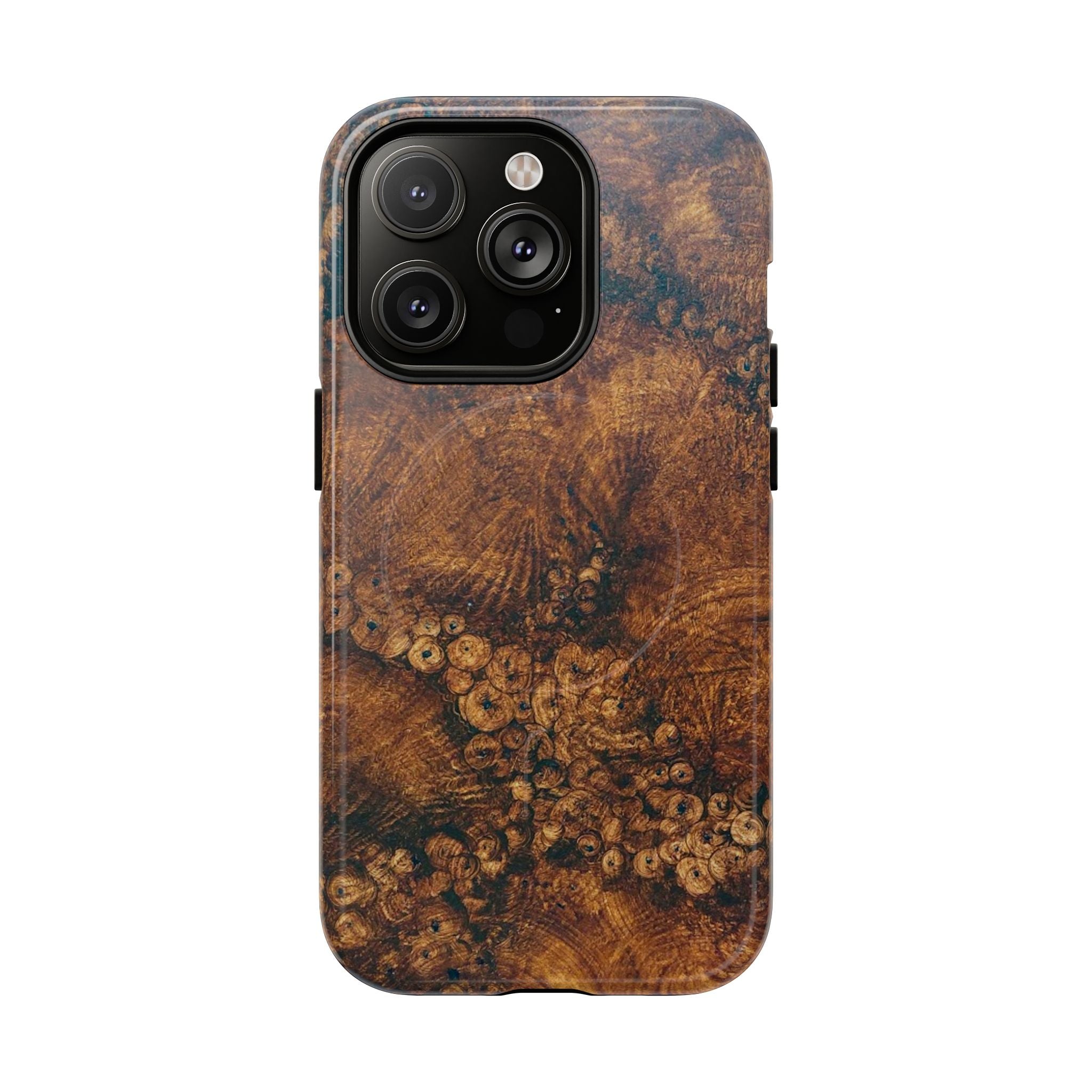 Magnetic iphone case with a natural Burl Wood Design compatible with MagSafe accessories in tough Dual Layer Shell
