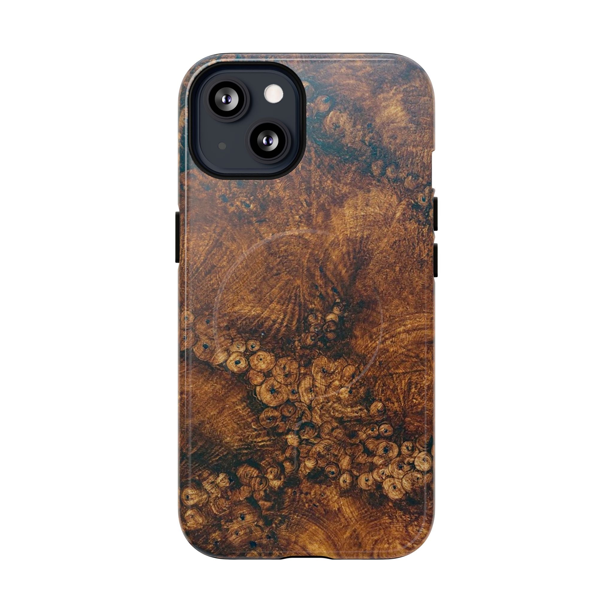 Magnetic iphone case with a natural Burl Wood Design compatible with MagSafe accessories in tough Dual Layer Shell