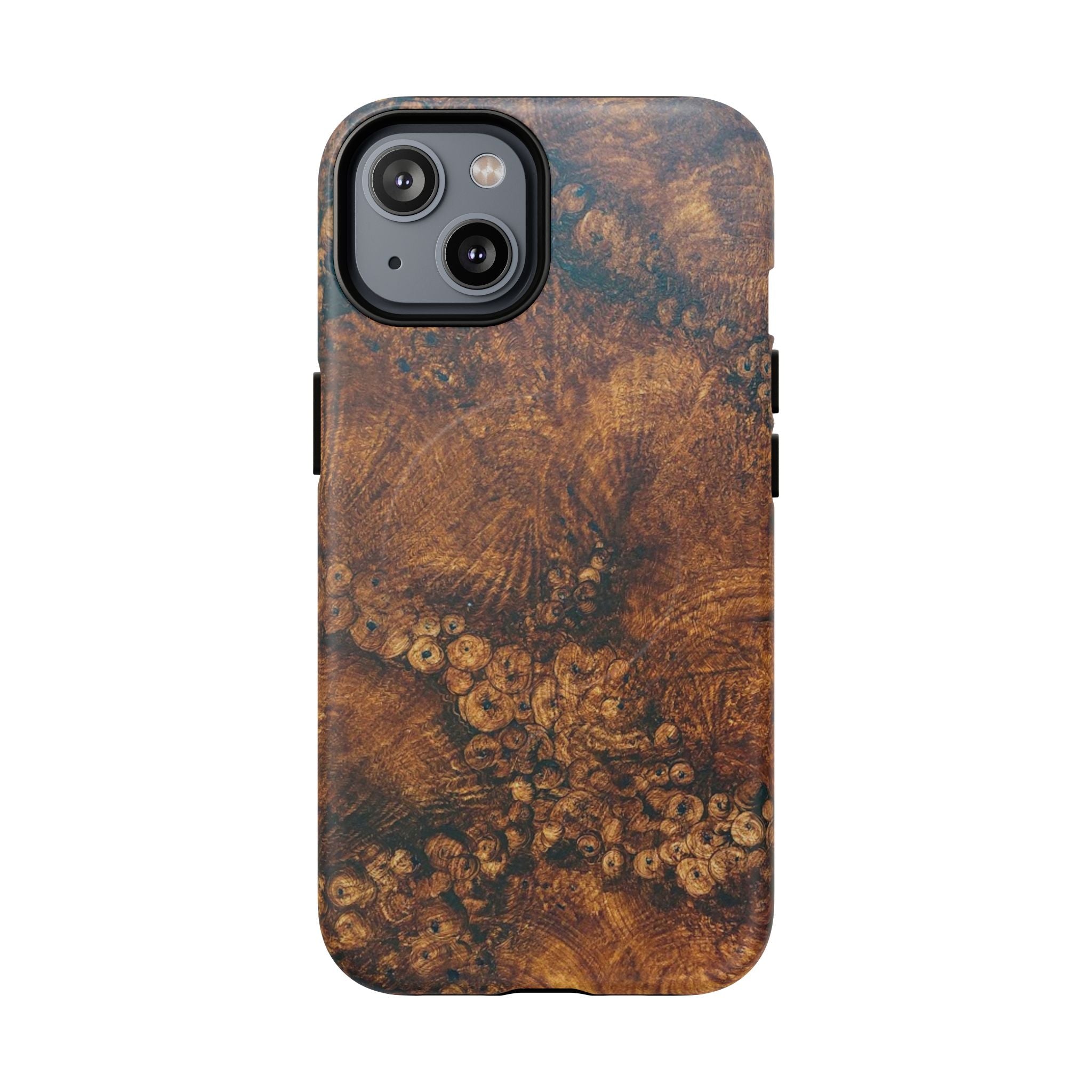 Magnetic iphone case with a natural Burl Wood Design compatible with MagSafe accessories in tough Dual Layer Shell