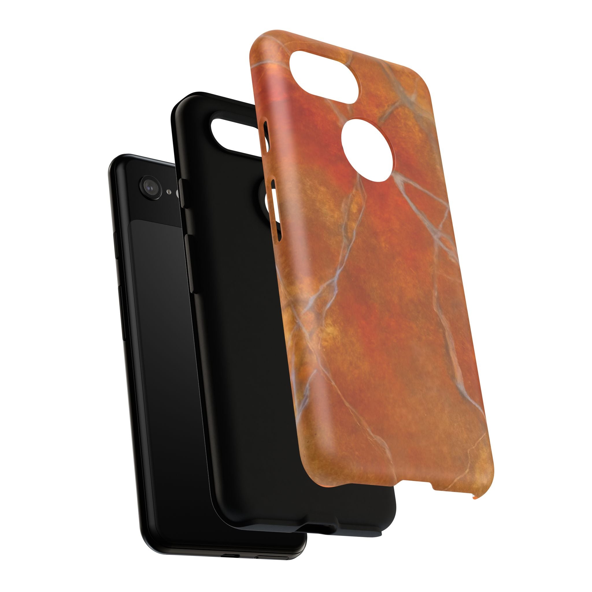 Phone case in sophisticated red orange marble design that is impact resistant tough in glossy or matte finish