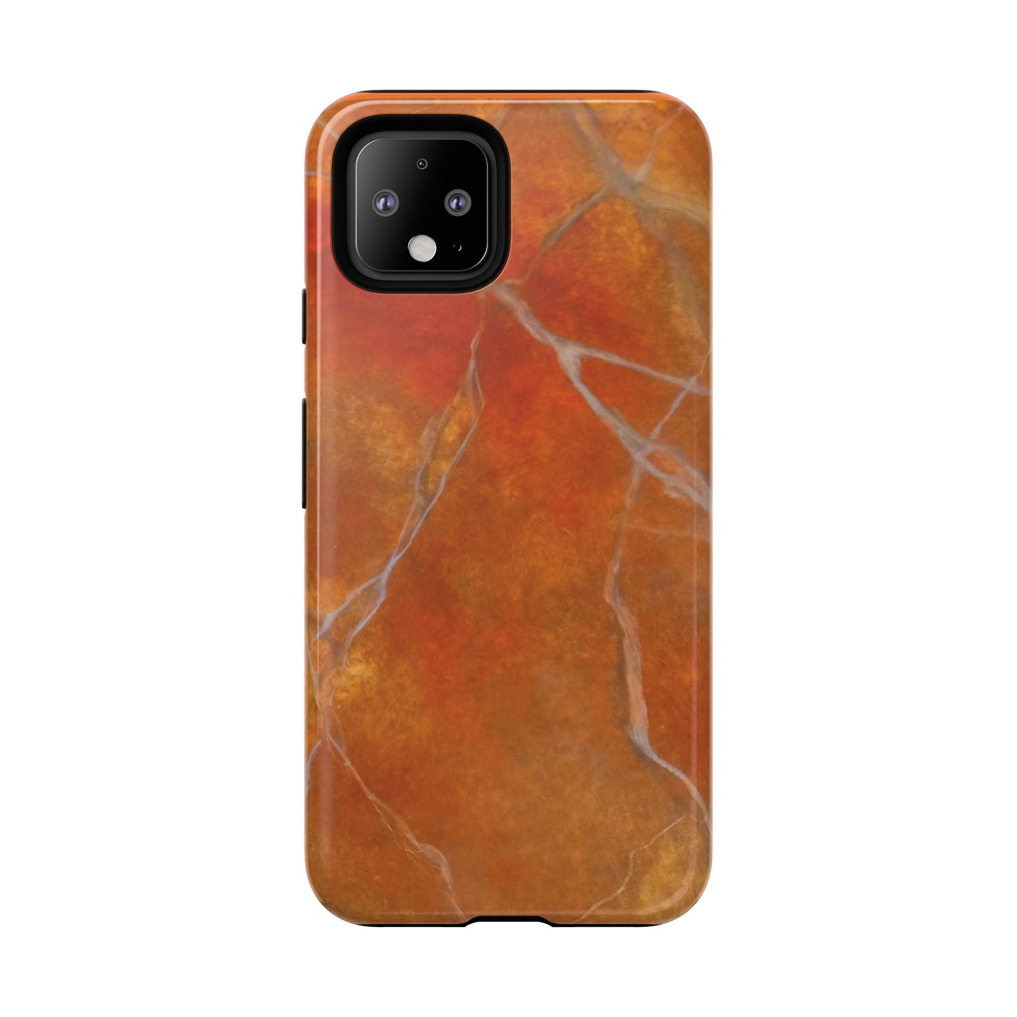 Phone case in sophisticated red orange marble design that is impact resistant tough in glossy or matte finish