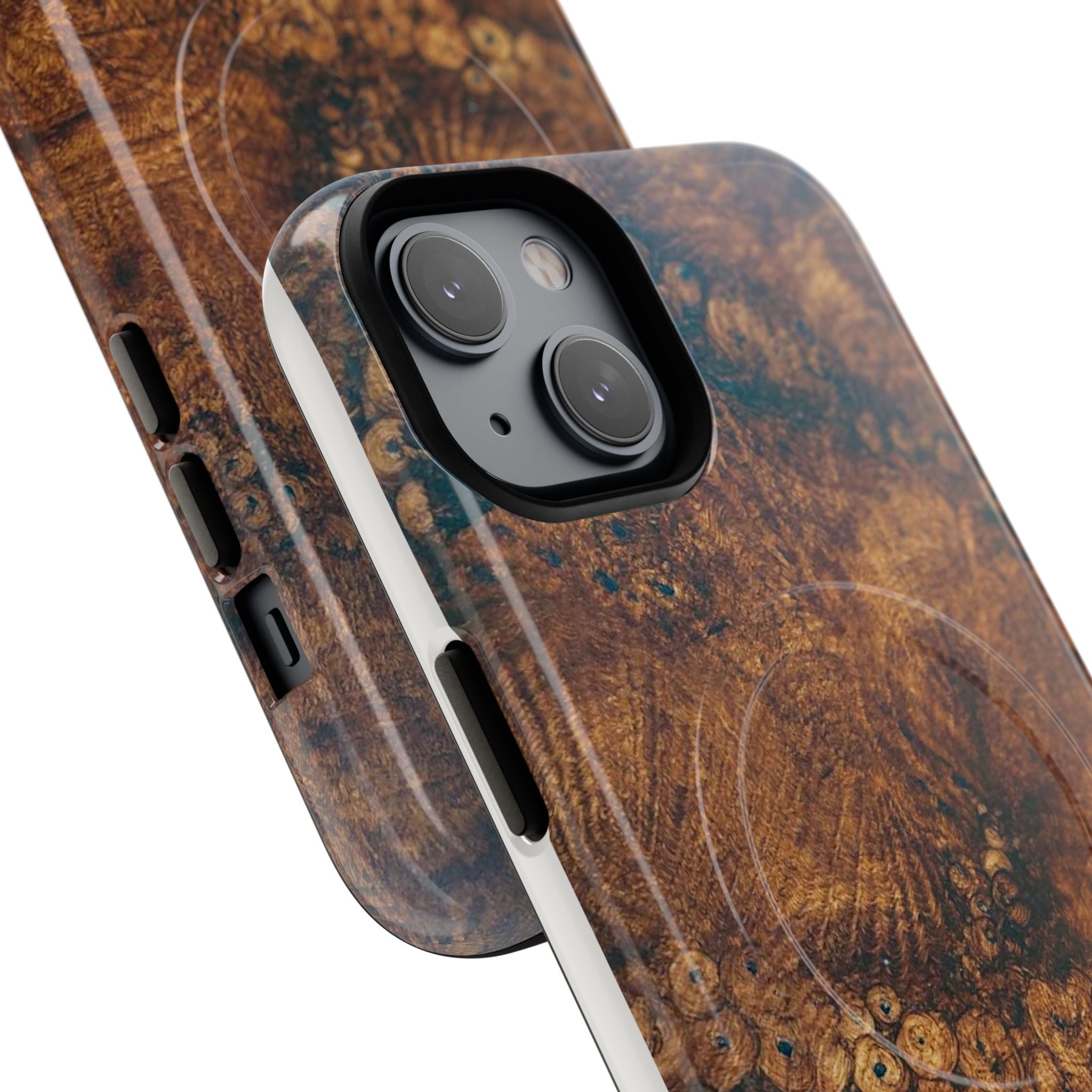 Magnetic iphone case with a natural Burl Wood Design compatible with MagSafe accessories in tough Dual Layer Shell
