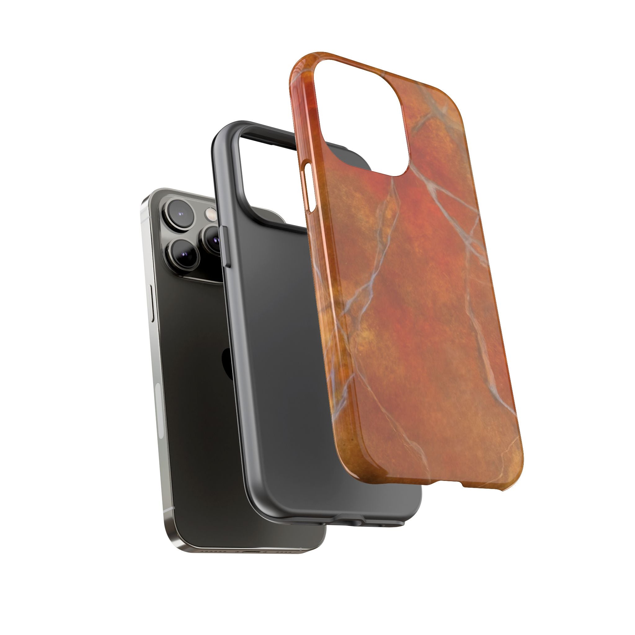 Phone case in sophisticated red orange marble design that is impact resistant tough in glossy or matte finish