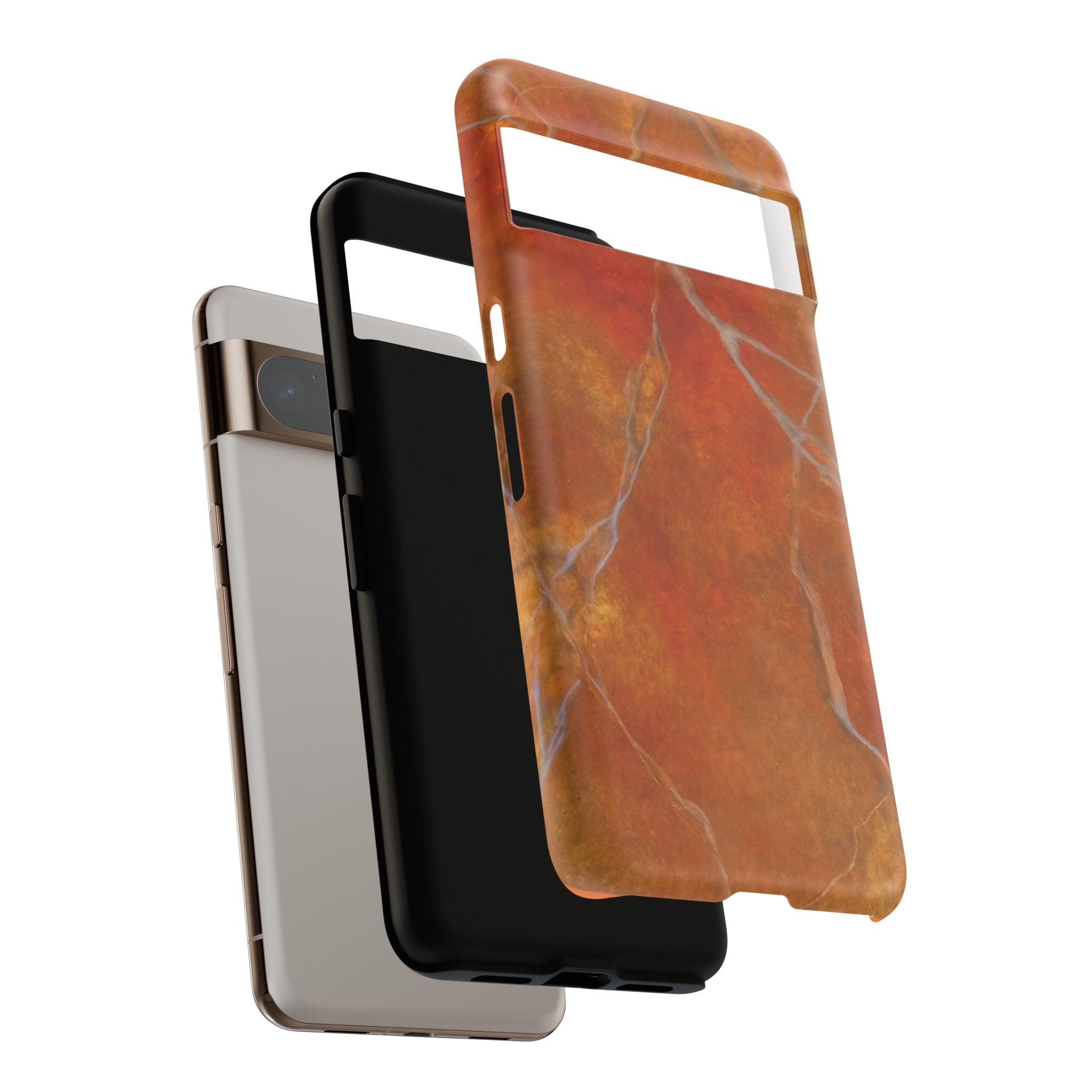 Phone case in sophisticated red orange marble design that is impact resistant tough in glossy or matte finish
