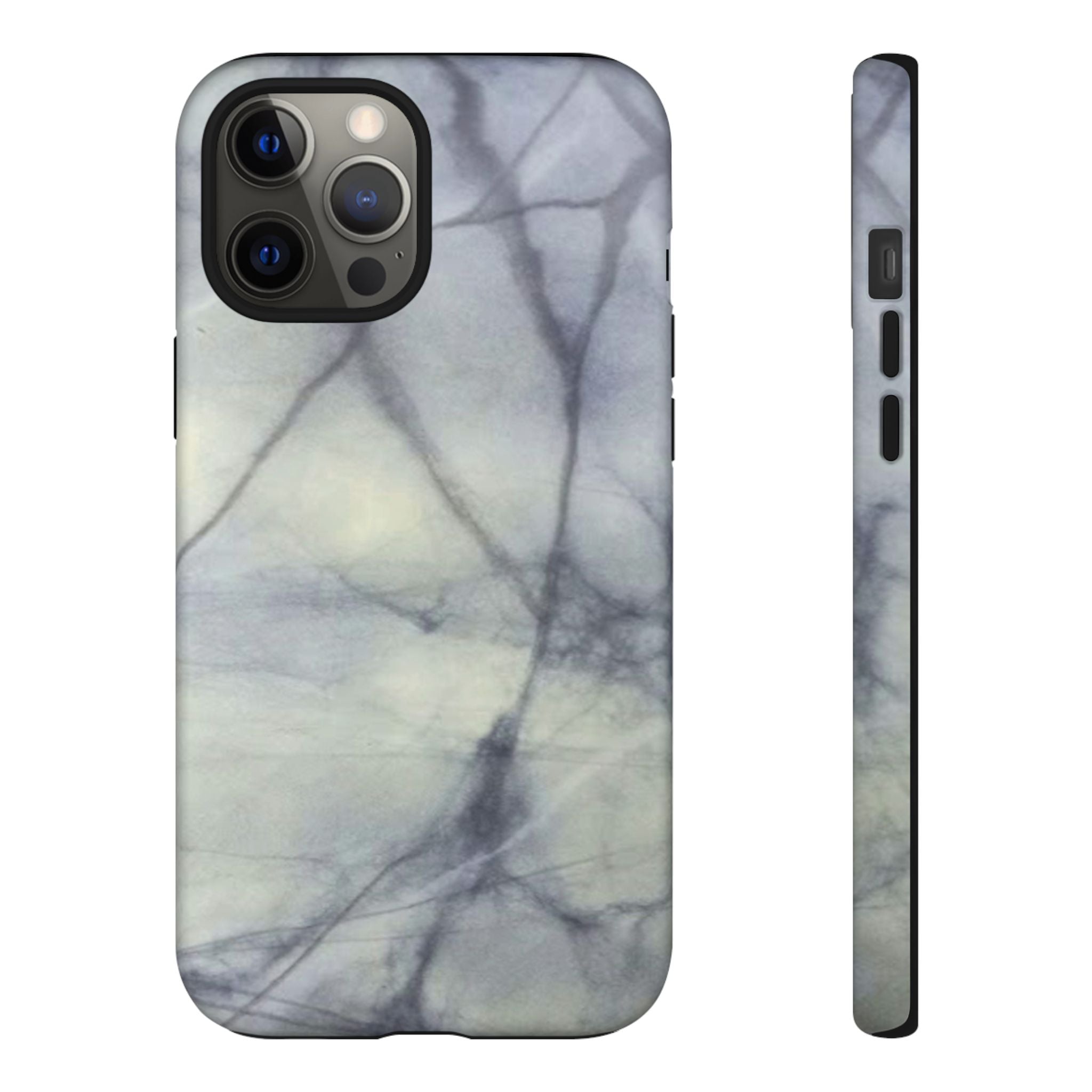 Phone case in impressive grey marble design with shock absorbing dual layer shell and UV resistance in 3D wrap