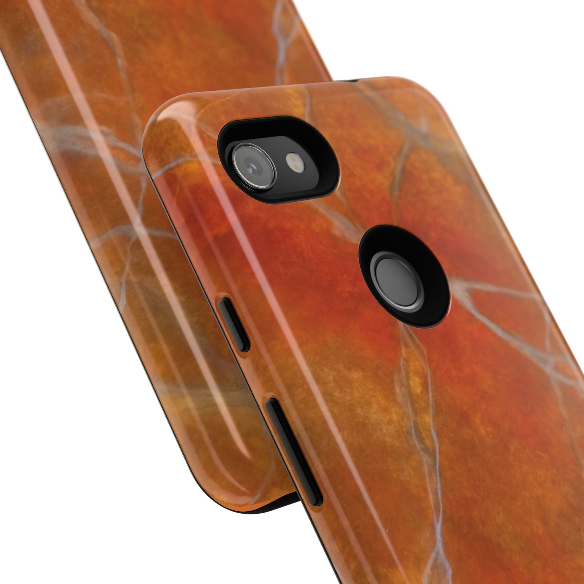 Phone case in sophisticated red orange marble design that is impact resistant tough in glossy or matte finish