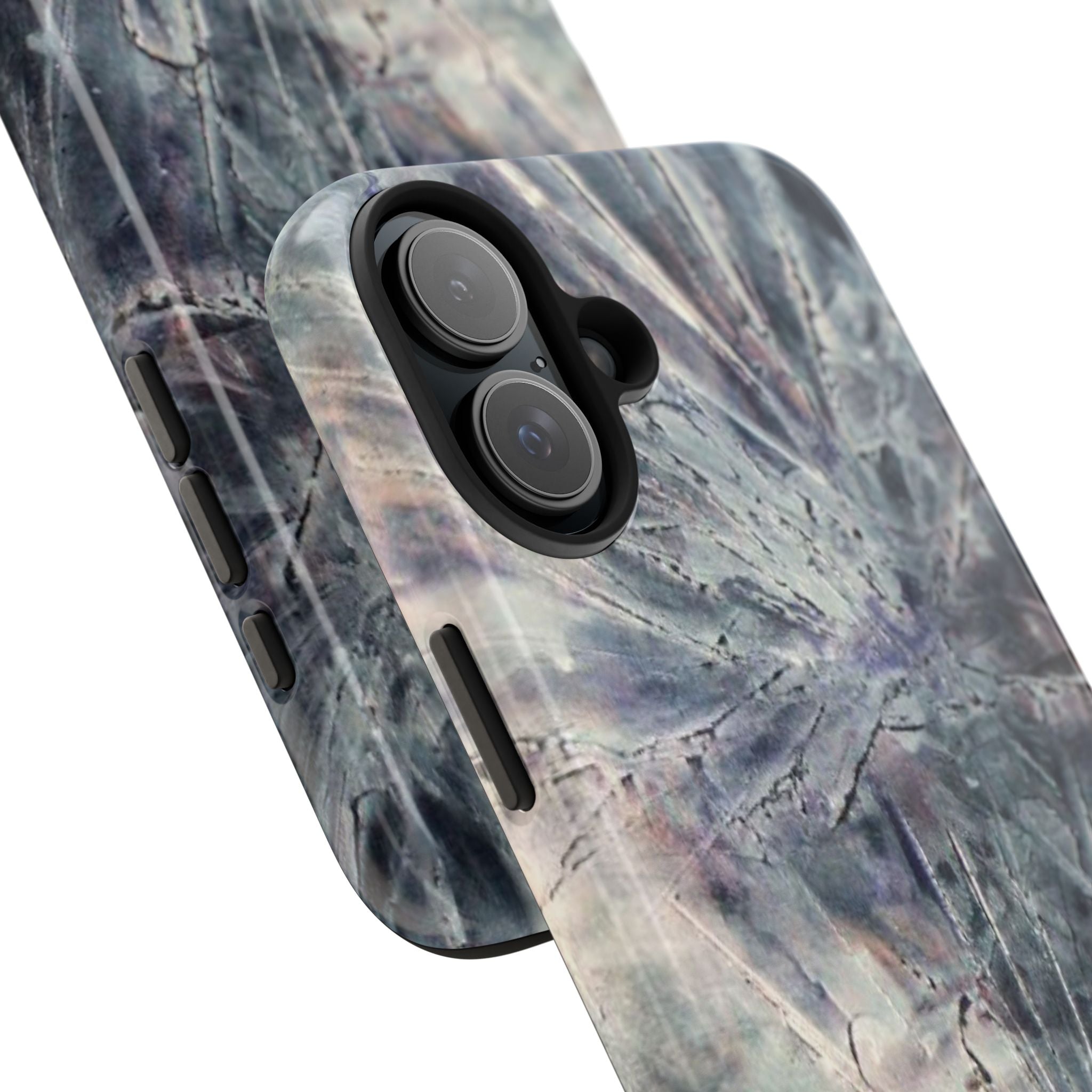 Phone case in abstract bursts of silver crystal design with rubber lining for strong impact and UV protection