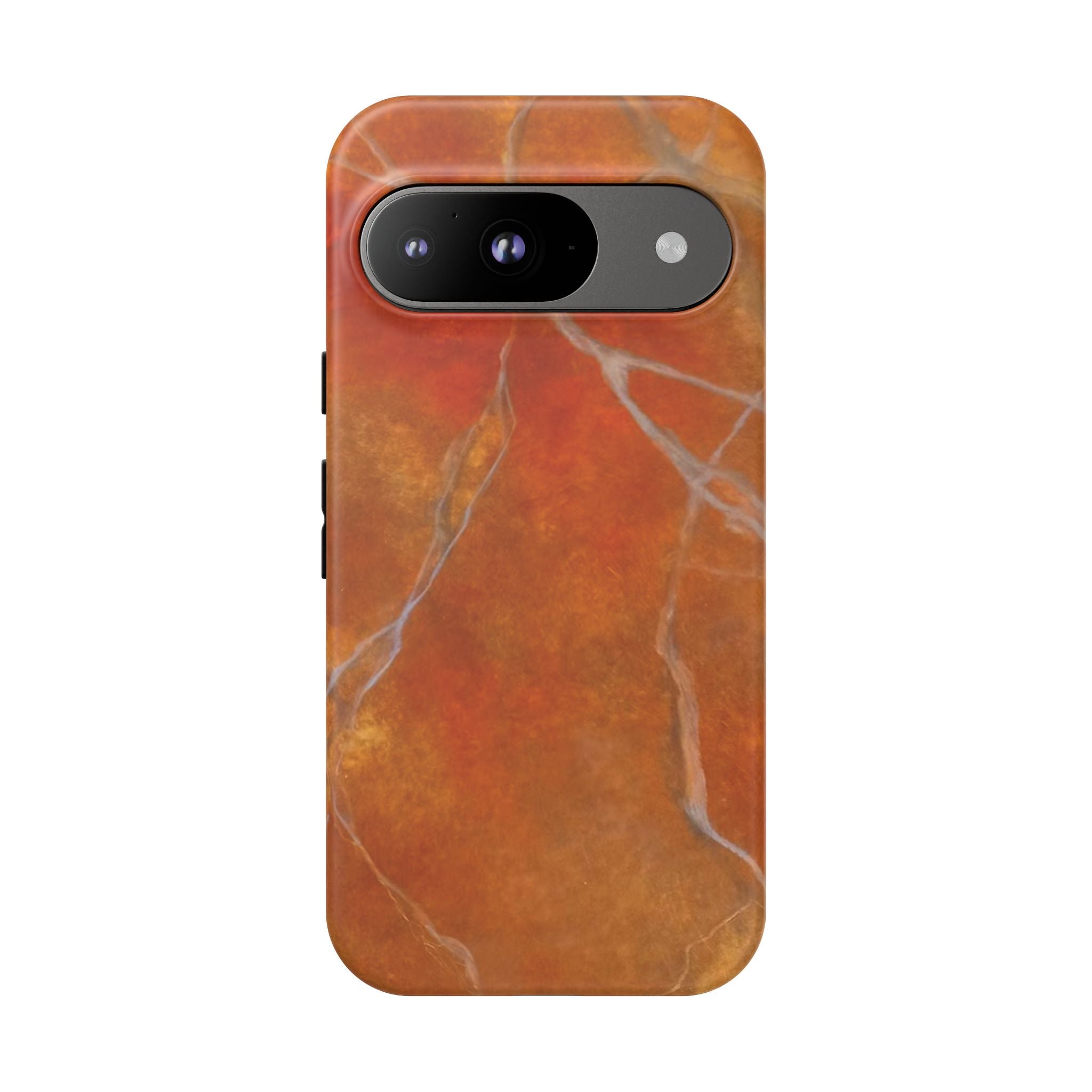 Phone case in sophisticated red orange marble design that is impact resistant tough in glossy or matte finish