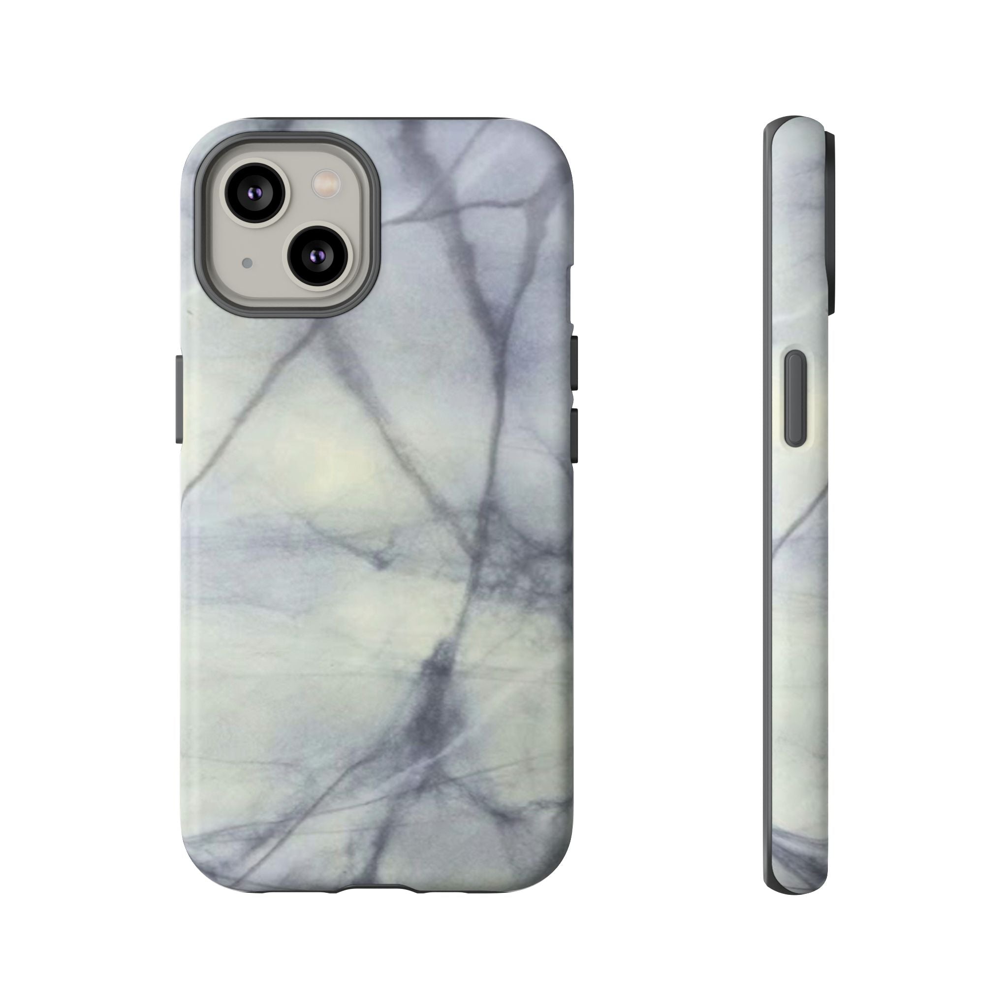 Phone case in impressive grey marble design with shock absorbing dual layer shell and UV resistance in 3D wrap