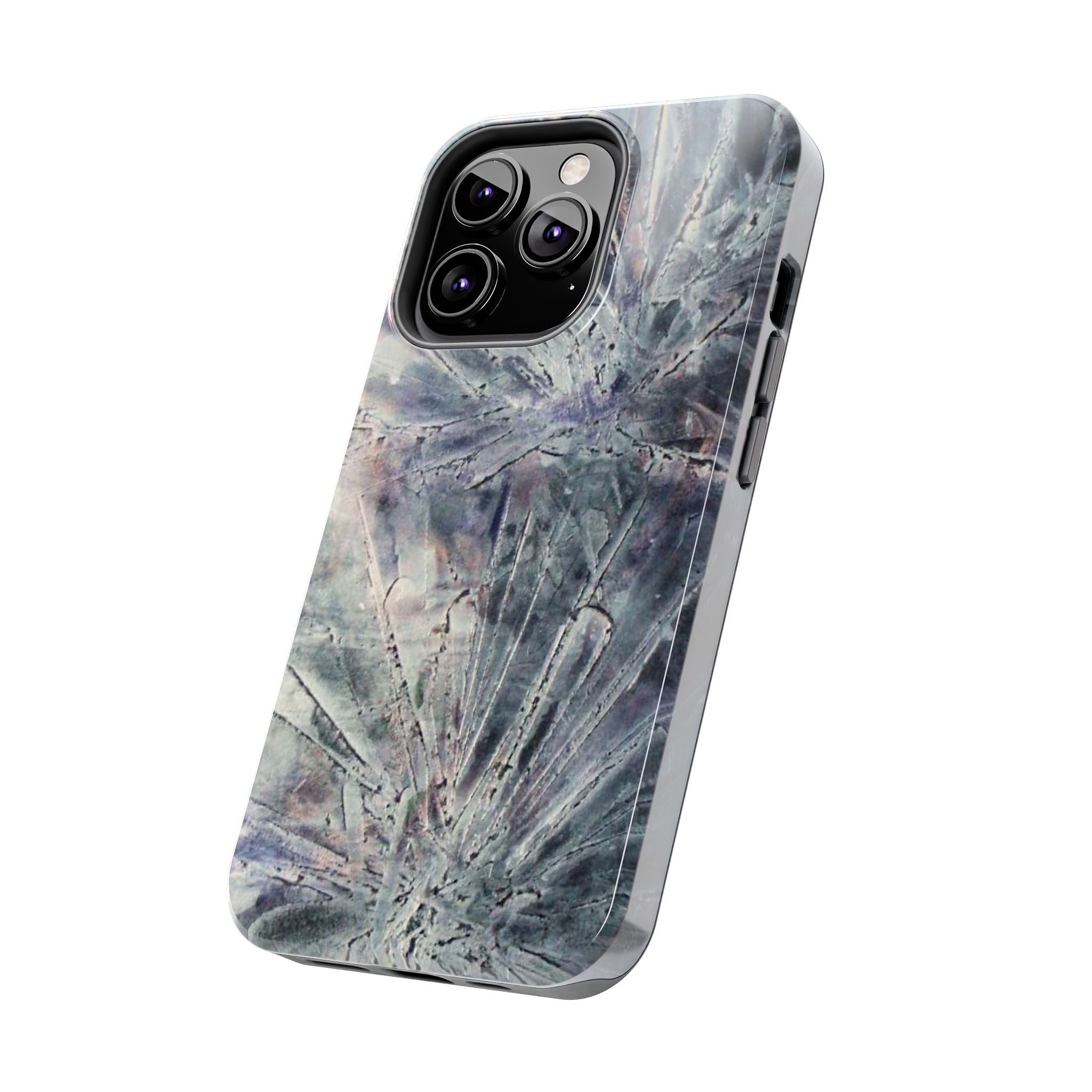 Phone case in abstract bursts of silver crystal design with rubber lining for strong impact and UV protection