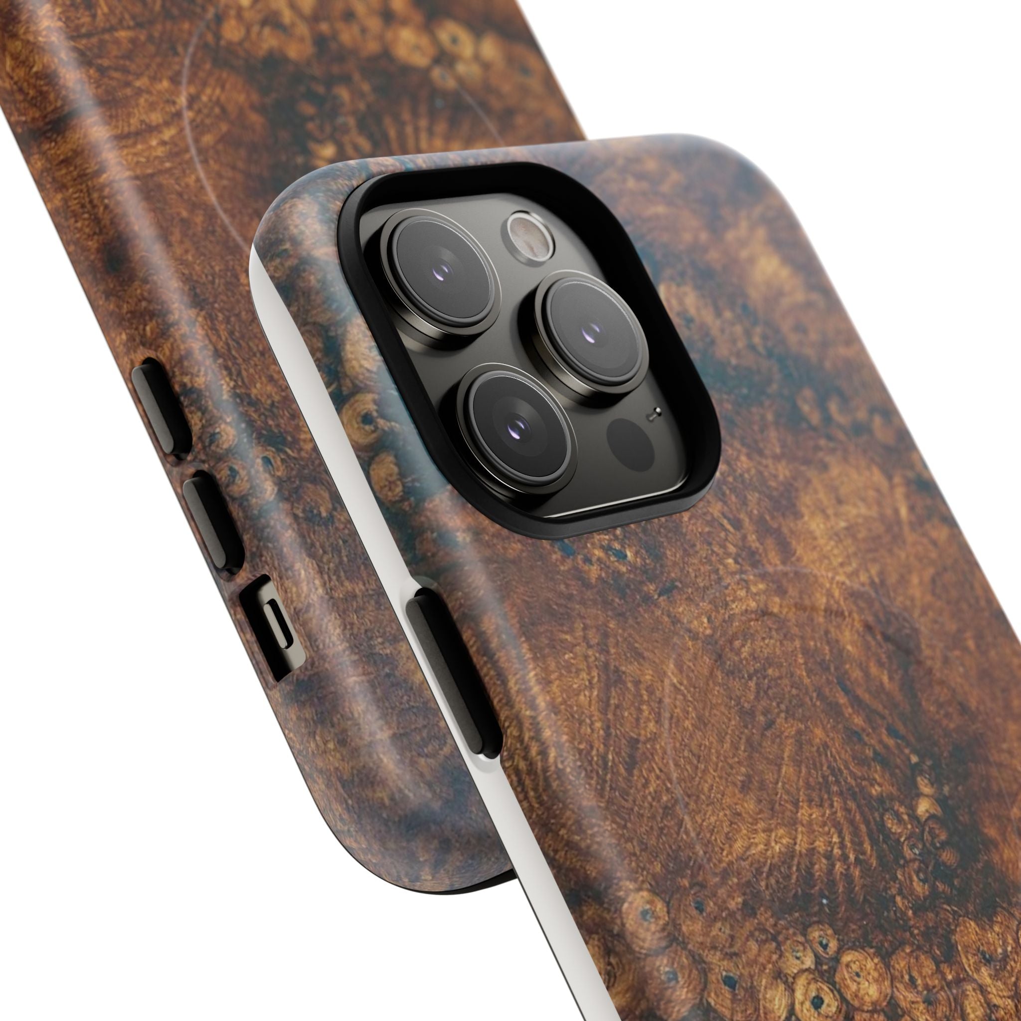 Magnetic iphone case with a natural Burl Wood Design compatible with MagSafe accessories in tough Dual Layer Shell