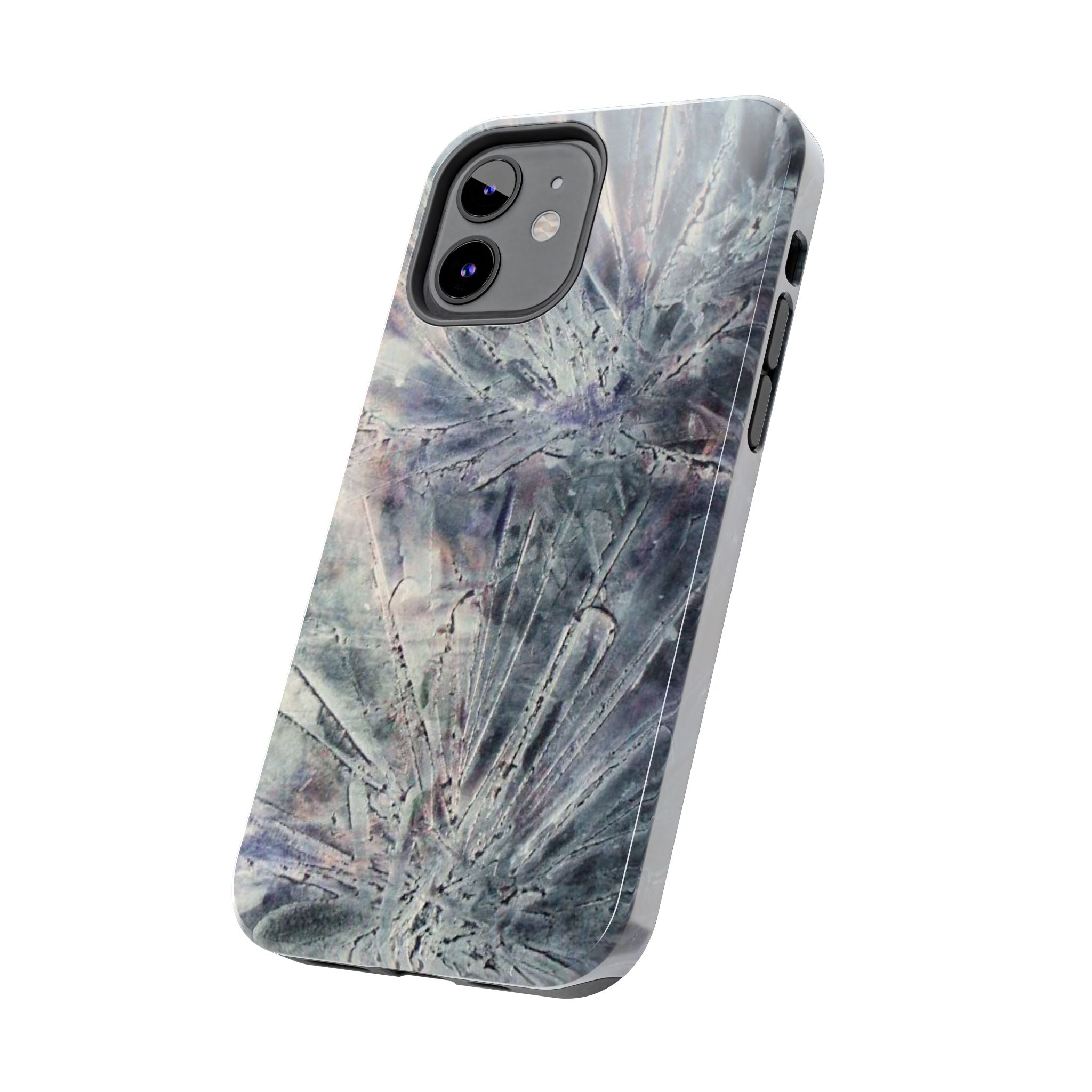 Phone case in abstract bursts of silver crystal design with rubber lining for strong impact and UV protection