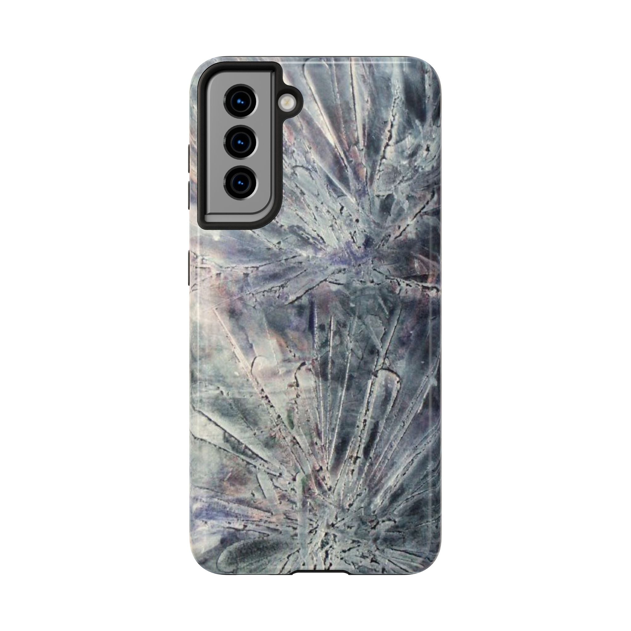 Phone case in abstract bursts of silver crystal design with rubber lining for strong impact and UV protection