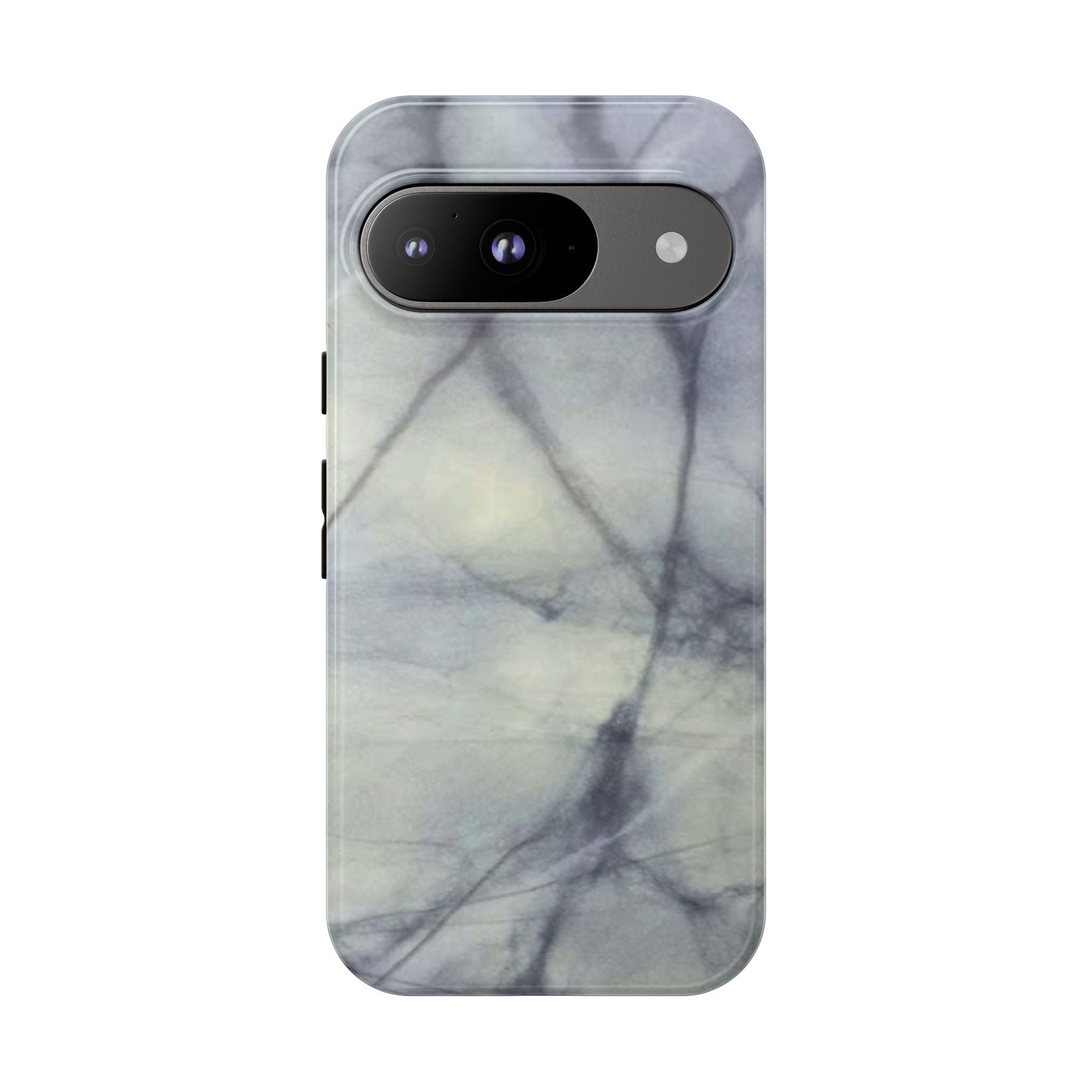 Phone case in impressive grey marble design with shock absorbing dual layer shell and UV resistance in 3D wrap