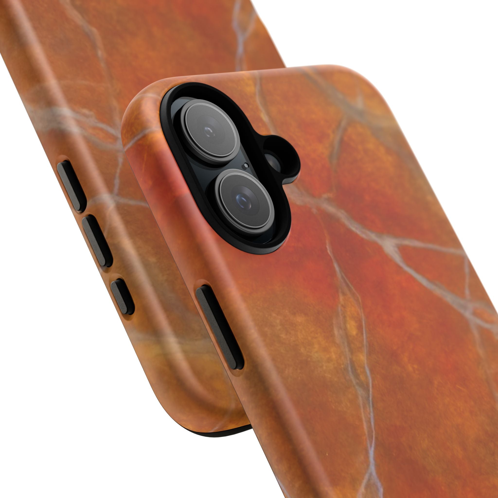 Phone case in sophisticated red orange marble design that is impact resistant tough in glossy or matte finish