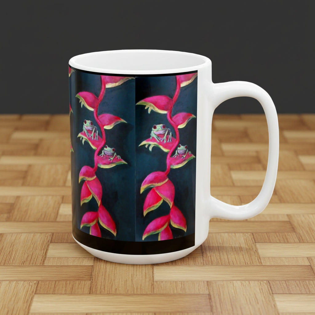 Vibrant Colorful Mug with pink heliconia flowers and tiny tree frogs