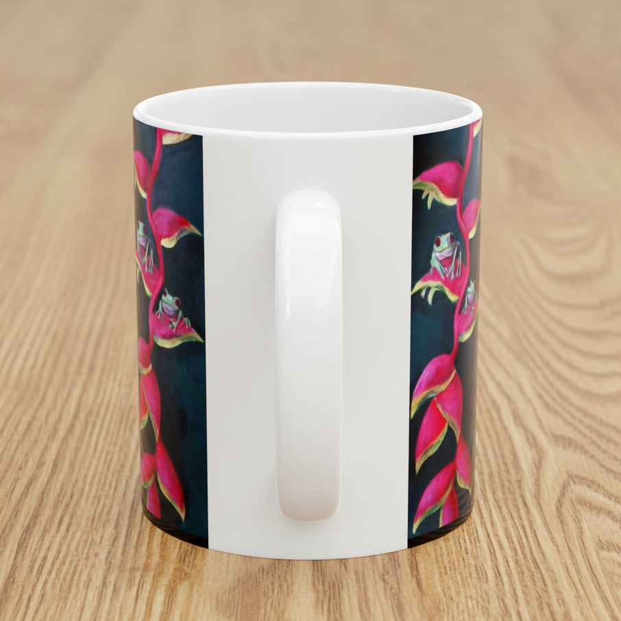 11oz White mug with pink and green leaf pattern on either side of a large C Handle for comfort