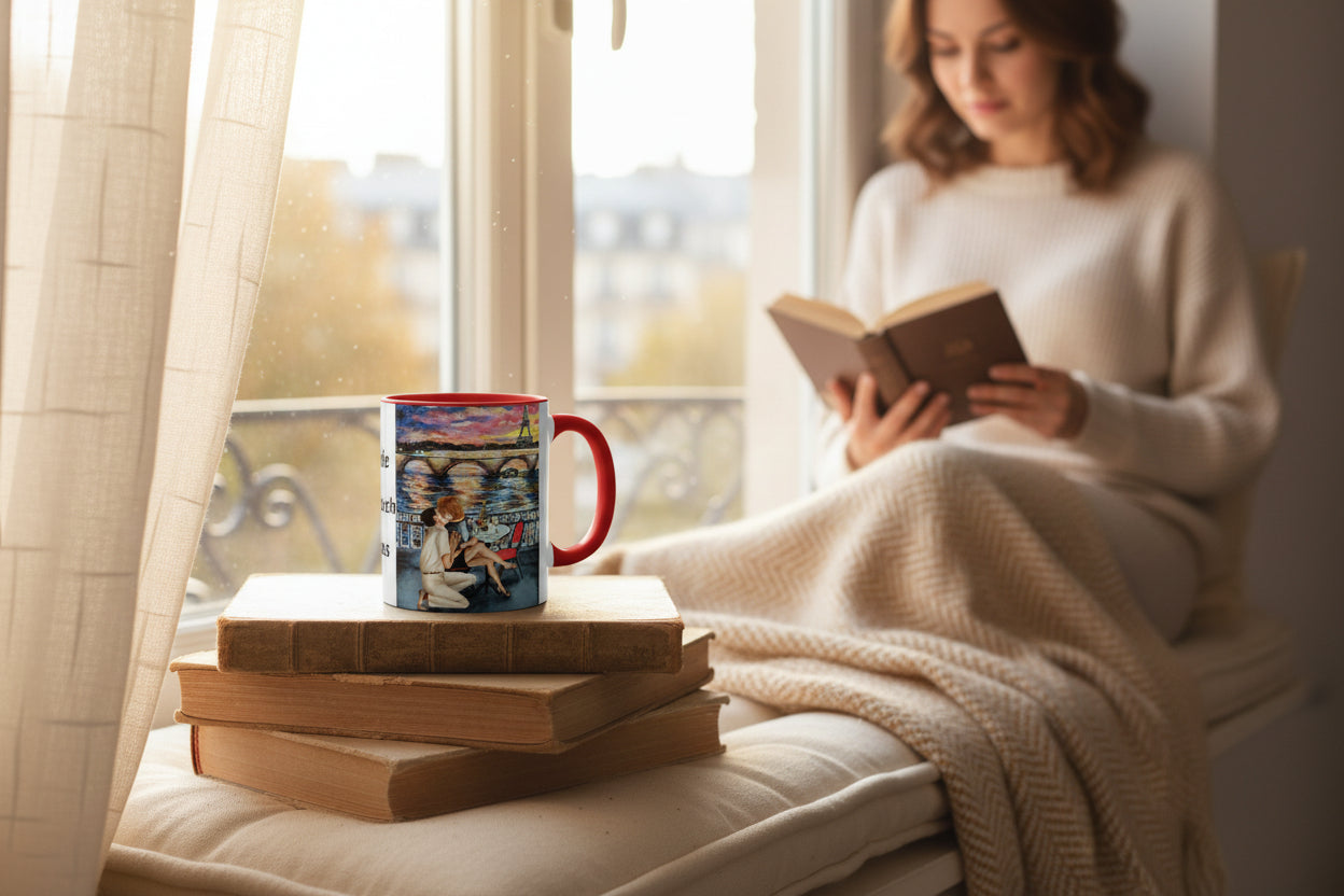 Mug with a romantic scene of a couple in Paris and Eiffel Tower and The French Kiss with Red interior and handle.