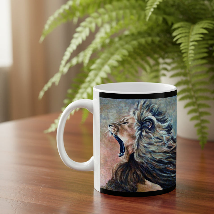 11oz white ceramic mug featuring a printed artistic illustration of a roaring lion with a detailed mane on either side of mug