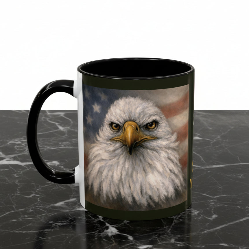 11oz Mug with an eagle and Am flag design with black accents and C handle