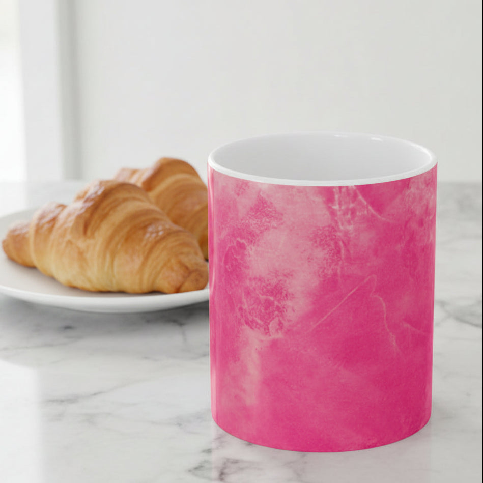 11oz mug with a vibrant pink marble pattern and a white interior - microwave and dishwasher safe - has C handle for comfortable grip