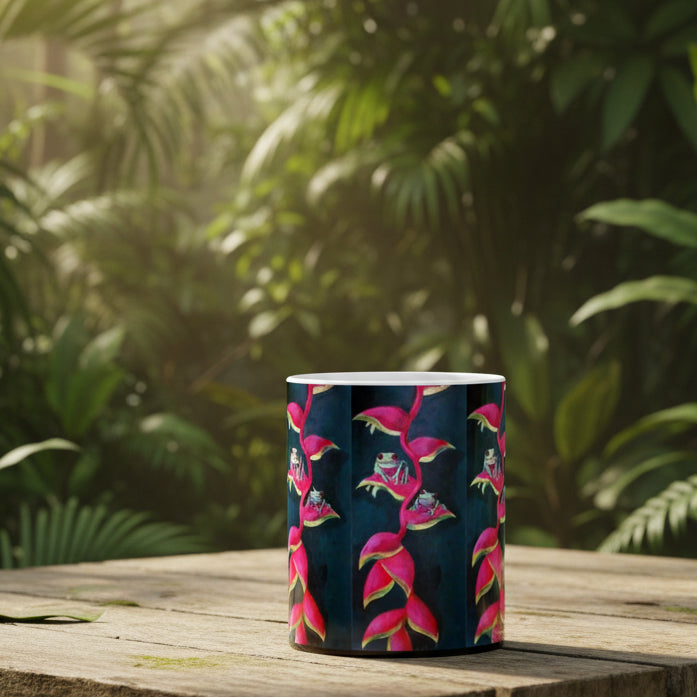 11oz coffee Mug with floral Halliconia and tree frog design - dishwasher and microwave safe