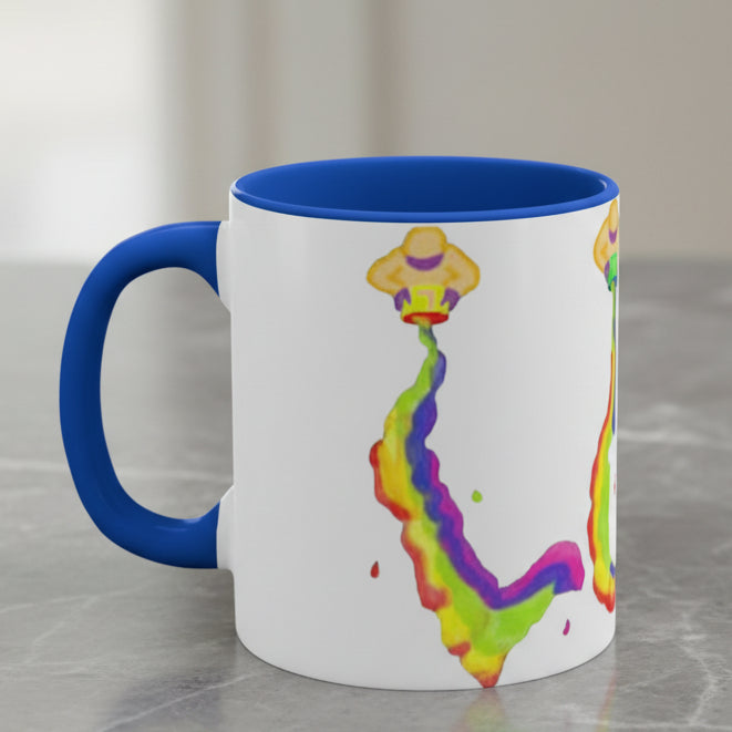 11oz Blue accent ceramic Mug with a colorful design on a white background