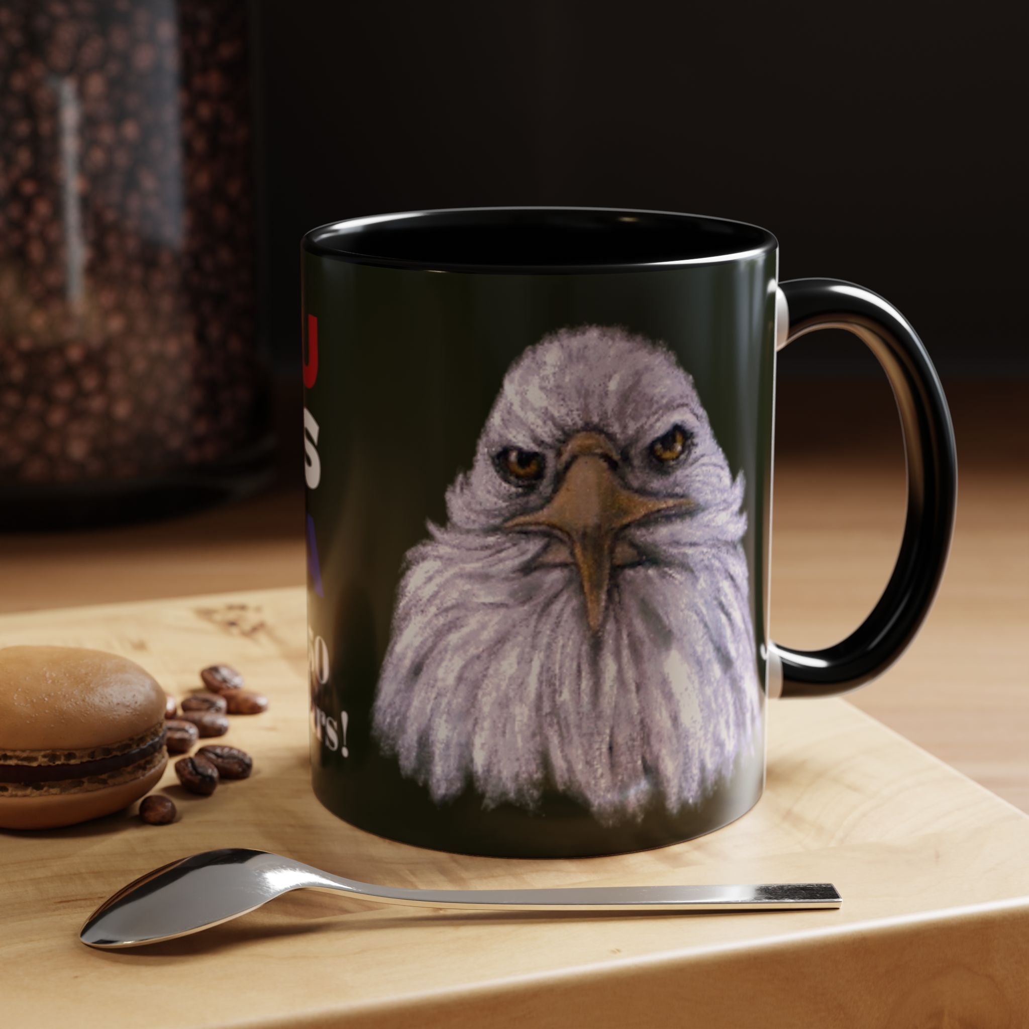 Black mug with a bald eagle painting design to commemorate the USA 250 years