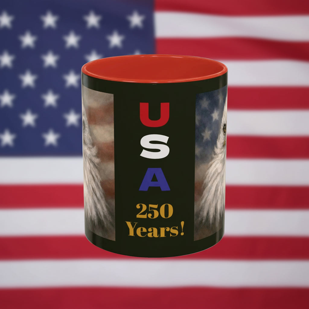 Mug with 'USA 250 Years!' text and American flag and bald eagles