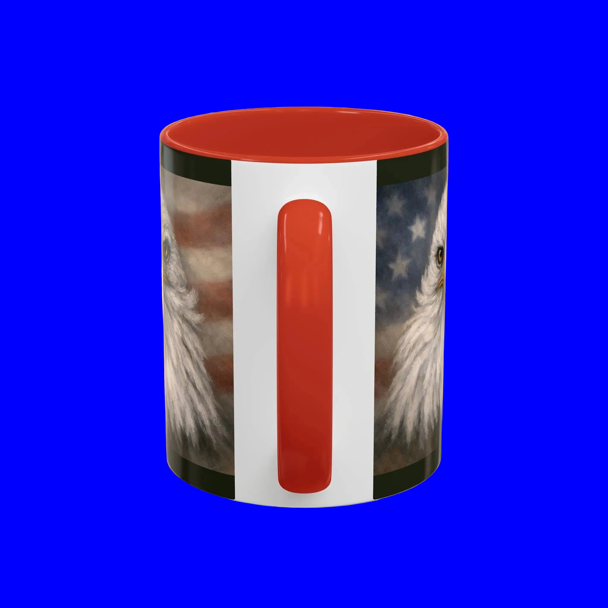 Mug with an eagle and flag design with red accents 