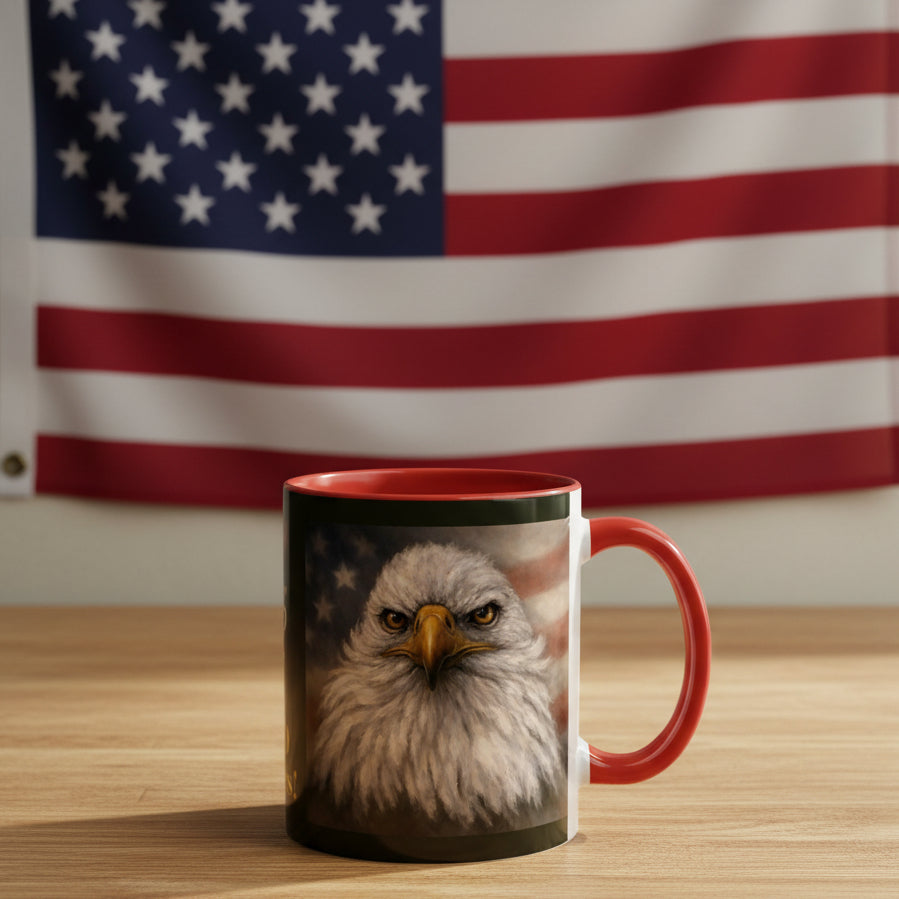 Mug with a bald eagle design and red interior and  C handle accents