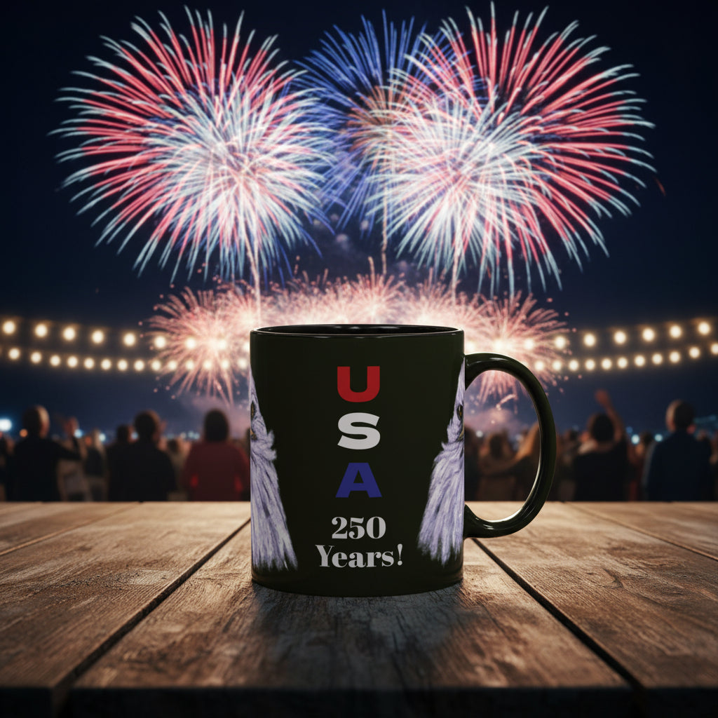 Black mug with 'USA 250 Years!' with bald eagle on either side. 11oz/15oz and 3 accent colors available