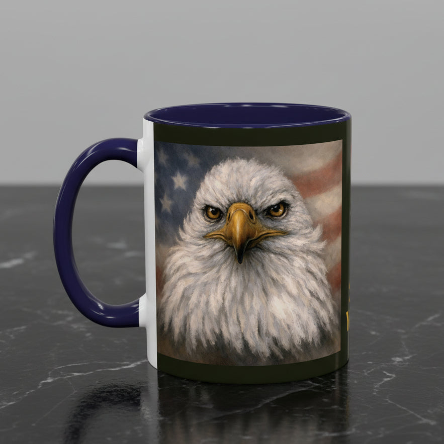 Ceramic Mug with a painted eagle design on either side 11 oz with navy accents