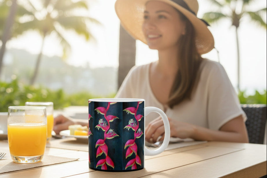 Mug with pink heliconia flowers and tropical green frogs on a black background