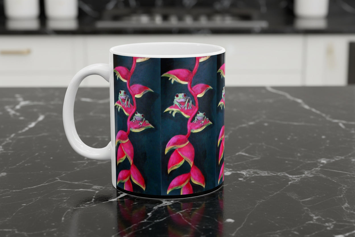 Premium Ceramic Mug with painted pink heliconia flowers and green frogs with red eyes