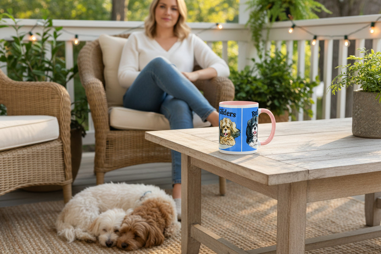 Mug with two dog illustrations on a blue background with pink interior and handle