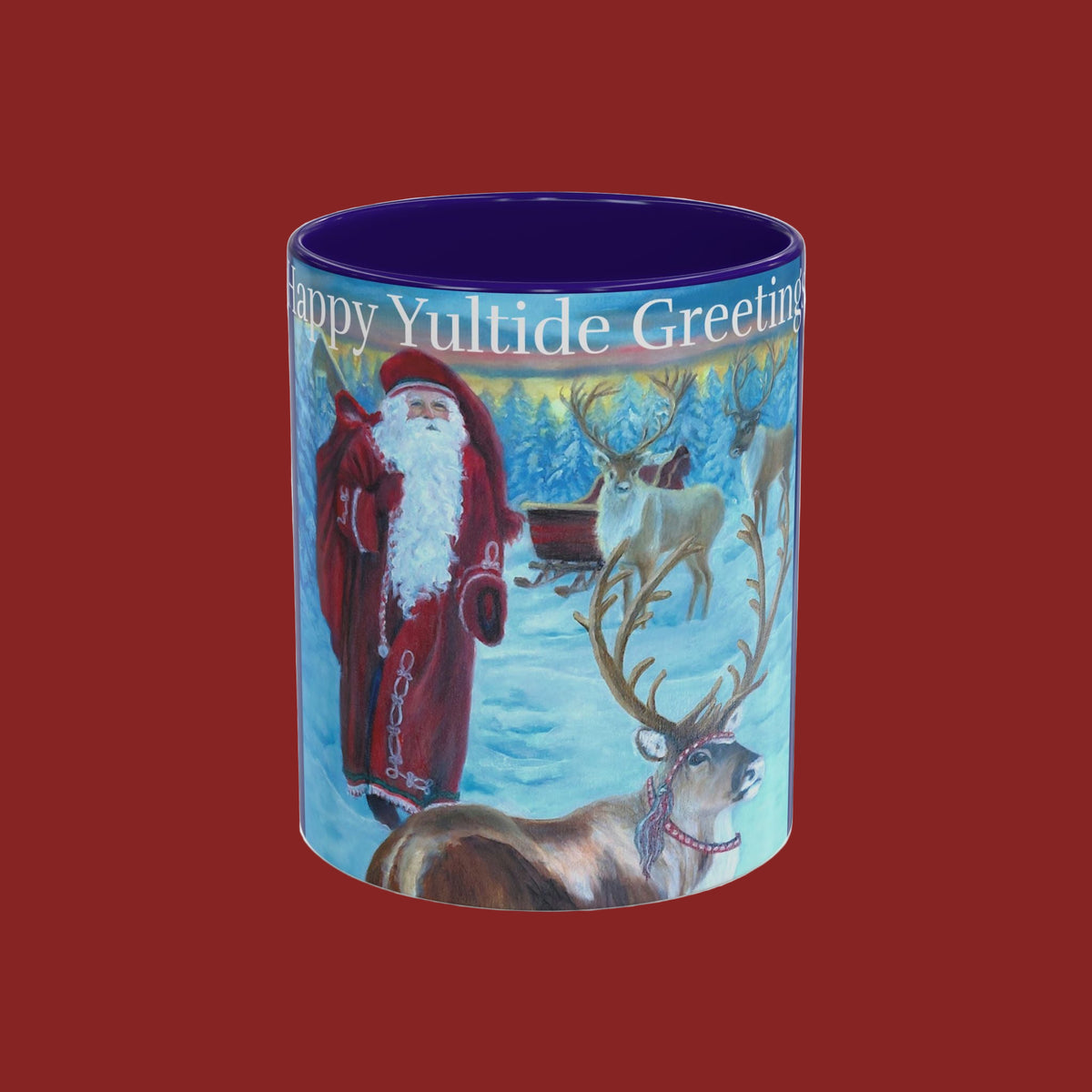 Mug with painted Santa Claus and reindeer with blue accents