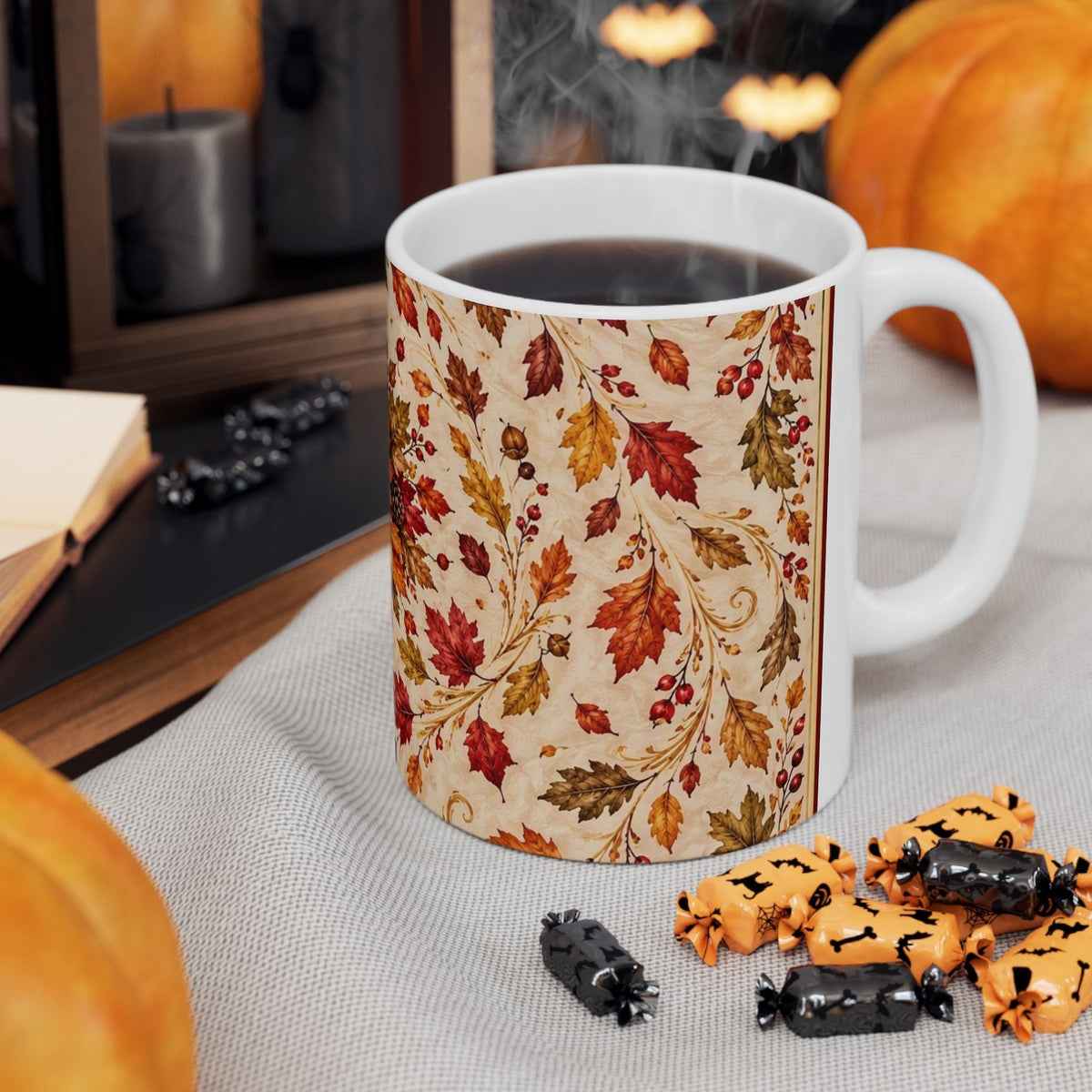 A white ceramic mug with a beige autumn leaf pattern with swirling colorful leaves