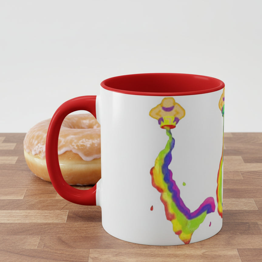 Mug with a colorful LOVE design on a white background and red accents 