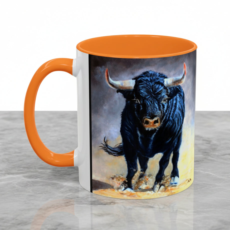 Mug with a bull design on either side and golden yellow accents 11oz